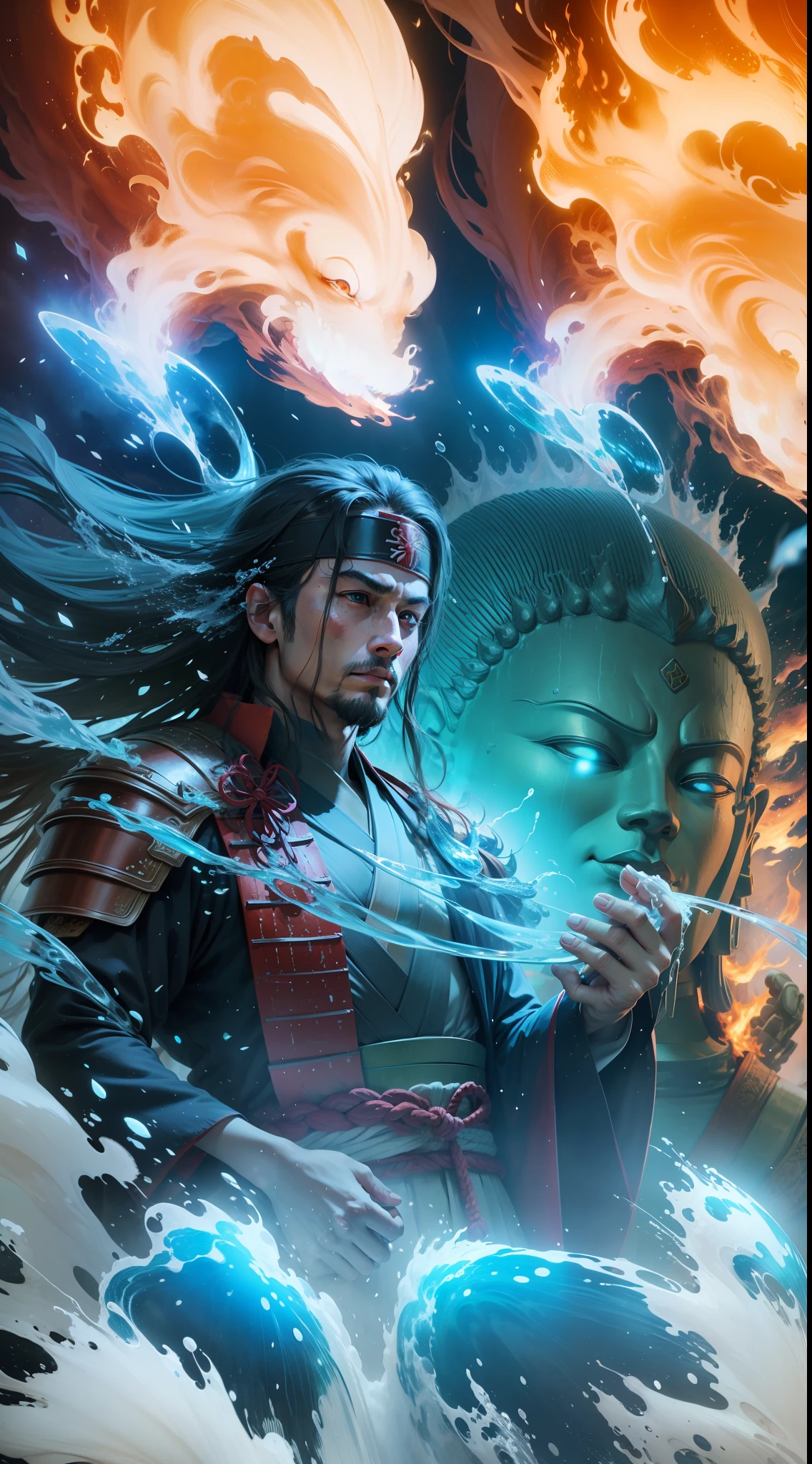 ,man holding his palms together, flaming eyes, wearing a headband, long hair, wearing a samurai robe,wearing japanese samurai suit Armor, a giant thousand-armed buddha statue, water flowing around him, fire effects, mystical powers,8k quality, rendering, high quality, ultra detail, ultra realistic, Raw photo, 8k wallpaper, masterpiece.