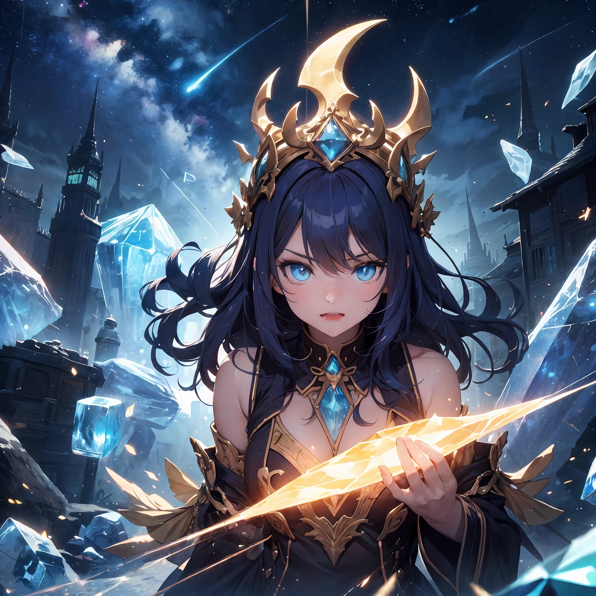 Anime girl with a sword in front of the city wearing a golden crown, Kushatt Krenz Key Art Women, Portrait Chevaliers du Zodiaque Fille, Ayaka Genshin impact, Anime fantasy artwork, Detailed key anime art, high detailed official artwork, Beautiful celestial mage, 2. 5 D CGI anime fantasy artwork, shadowverse style, Anime fantasy illustration