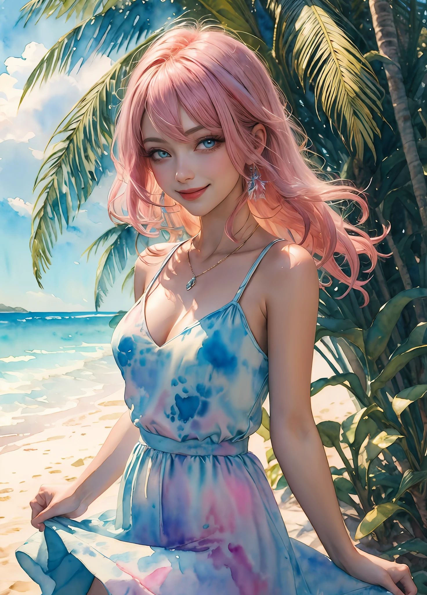 masterpiece, best quality, 1girl, (watercolor:1.4), (finely detailed beautiful eyes and detailed face), cinematic lighting, bust shot, long hair, pink hair, colored eyelashes, skinny, medium breasts, sexy, sundress, beach, palm tree, (Colorful:1.3), smile,