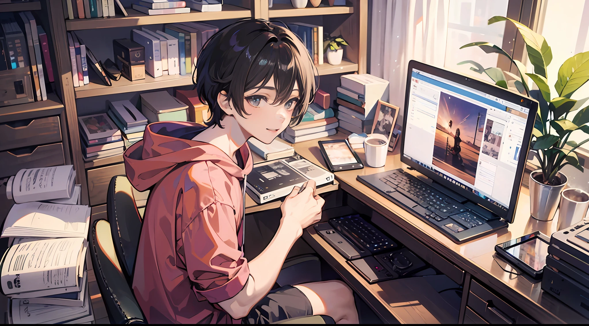 A age boy is sitting in front of his computer at home, joyfully livestreaming. --auto --s2