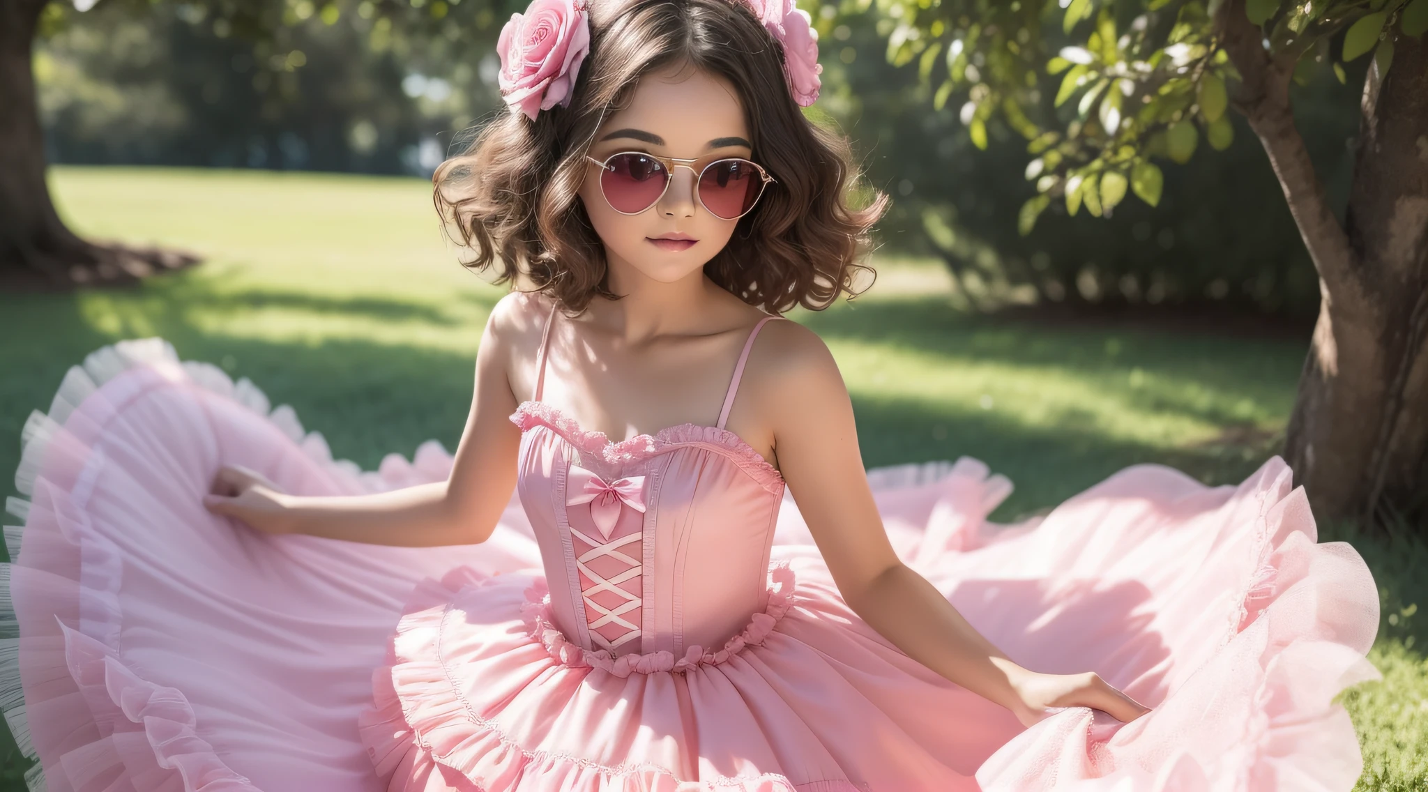 FUNDO ARVORES COM LARANJAS, There is a girl wearing a pink dress and heart-shaped sunglasses, CLOSE UP, vestido de baile rosa brilhante, menina rosa bonita, menina doce, cute and adorable, Retrato da princesa da fada, princesa fada, de uma menina anjo bonita, romantic rose tutu, Looks doces, menina cor-de-rosa, wearing pink romantic tutu, wearing a pink romantic cor-de-rosa, princesa menina