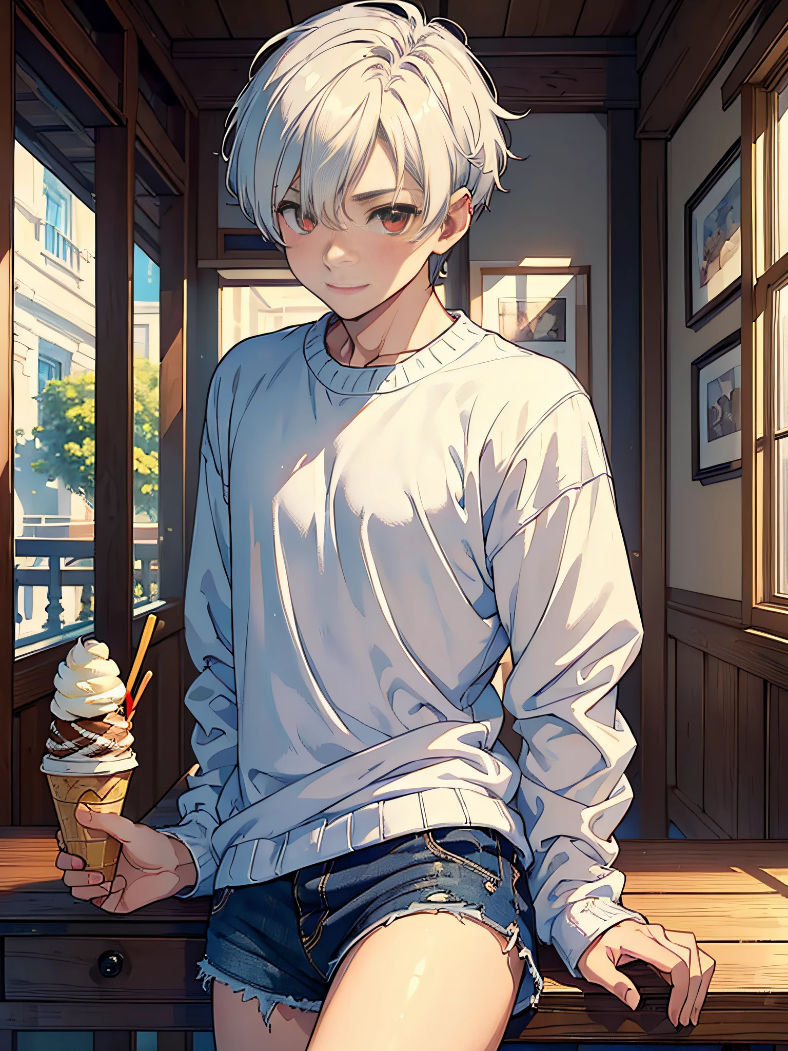 ((masterpiece)),(((best quality))), (high-quality, breathtaking),(expressive eyes, perfect face), 1boy, solo, male, short, young, small boy, short white hair, red eyes, smiling, blushing, long sleeve sweater, short shorts, indoors, eat ice cream, cute, sweet, close up