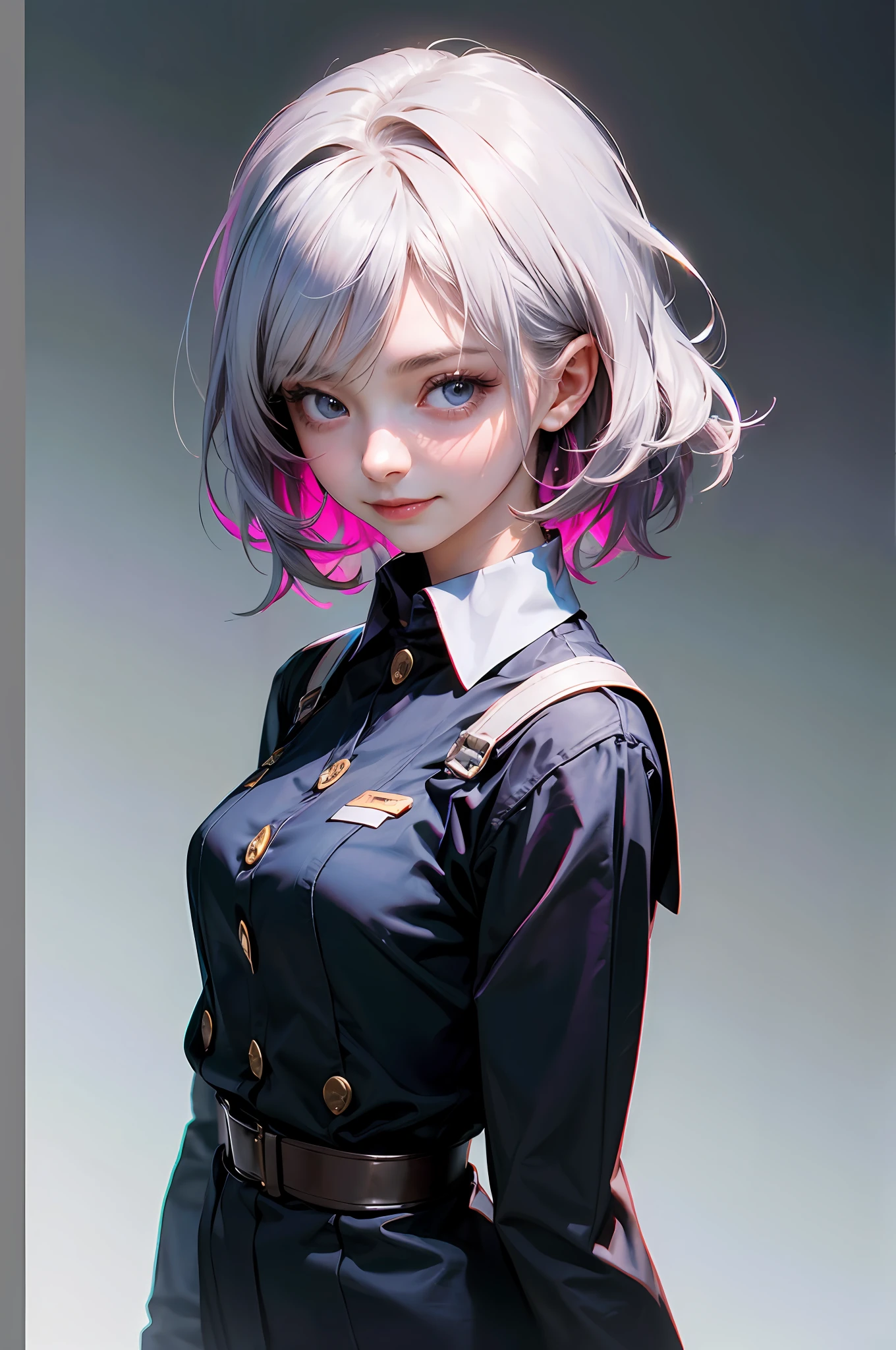 1girl,Beautiful vintage colors, Instagram (Photorealistic, High Resolution:1.4), ((Puffy Eyes)), View Audience, , Full Body (8k, RAW Photography, Best Quality, Masterpiece: 1.2), (Realistic, Photorealistic: 1.37),(Sharp Focus:1.2), Professional Lighting, Photon Mapping, Radiosity, Physically Based Rendering, (Pale Skin: 1.2),(Small:1.2), Watch Viewer, (Medium Hair:1.5), Portrait, Purple Eyes, (Sliver Hair:1.1),Bangs, (Simple Background: 1.4), Solo, Upper Body, Realistic, (Masterpiece: 1.4), (Best Quality: 1.4), (Glossy Skin), Facigirl, Makeup, Smile (Skinny, Closed Mouth, Shy: 1.3), ( standing, black stewardess uniform, necromancer: 1.1), medium bust, sexy pose, --auto