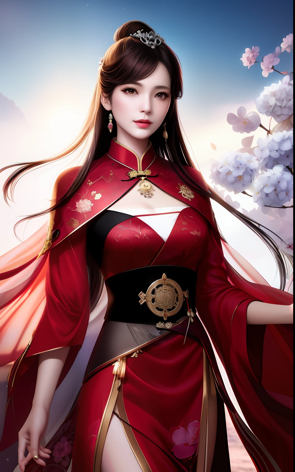 top-quality, tmasterpiece, natta, moon full, 1 rapariga, middle aged women, Chinese style, Ancient China, sister, Imperial sister, ssmile, dark brown hair, dark colored hair, Princess cut, Light pink lips, peacful, wisdom, Medium hair, Red eyes, hydrangeas, Fair face, closeup of face, hands close-up, Tear underwear pajamas, beauitful face, realisticlying, Bezel lighting, twotonelighting, (highr) detailedskin:1.2), 8K UHD, digital SLR camera, gentle illumination, high high quality, Volumetriclighting, photography of, A high resolution, 4K, 8K, Bokeh,(A grim face:1.8),Long sword,Red cheongsam