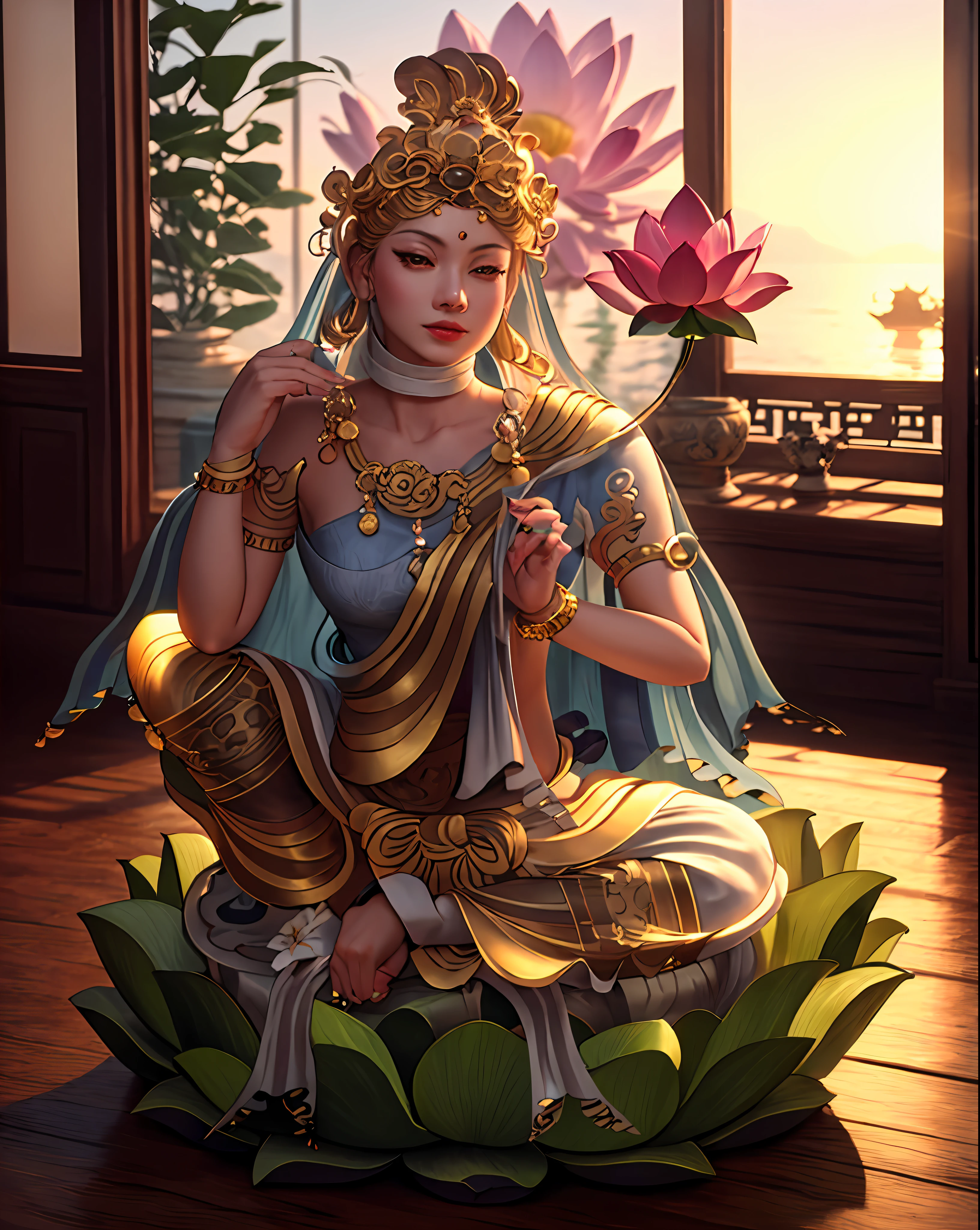 超高分辨率, best qualtiy, photore, 8K, (realisticlying: 1.2),A golden glow overhead(The halo:1.2),golden headdress,Brighter,tmasterpiece,best qualtiy,Complicated details,Light environment and crystals in the background,crystal,Portal of the future,3D light,k hd,magia,God of Light,The light from the back window is backlighted,详细的脸,depth of fields,Gentle lighting,Tone-mapping,highly detailed,concept-art,Smoothness,Clear focus,Dramatic lighting,highly detailed art,cinematic ligh,8K,amazing shadows(highly detailed back ground:1.2)The woman sitting on the lotus holds a lotus flower, ((Pink lotus)),Guanyin, an ancient Chinese goddess, guanyin of the southern seas, Sit gracefully on a lotus, gilded lotus princess, Pink Lotus Queen, contented female bodhisattva, inspired by Lü Ji, Realiy, sitting on a lotus flower, Lotus,3Drenderingof