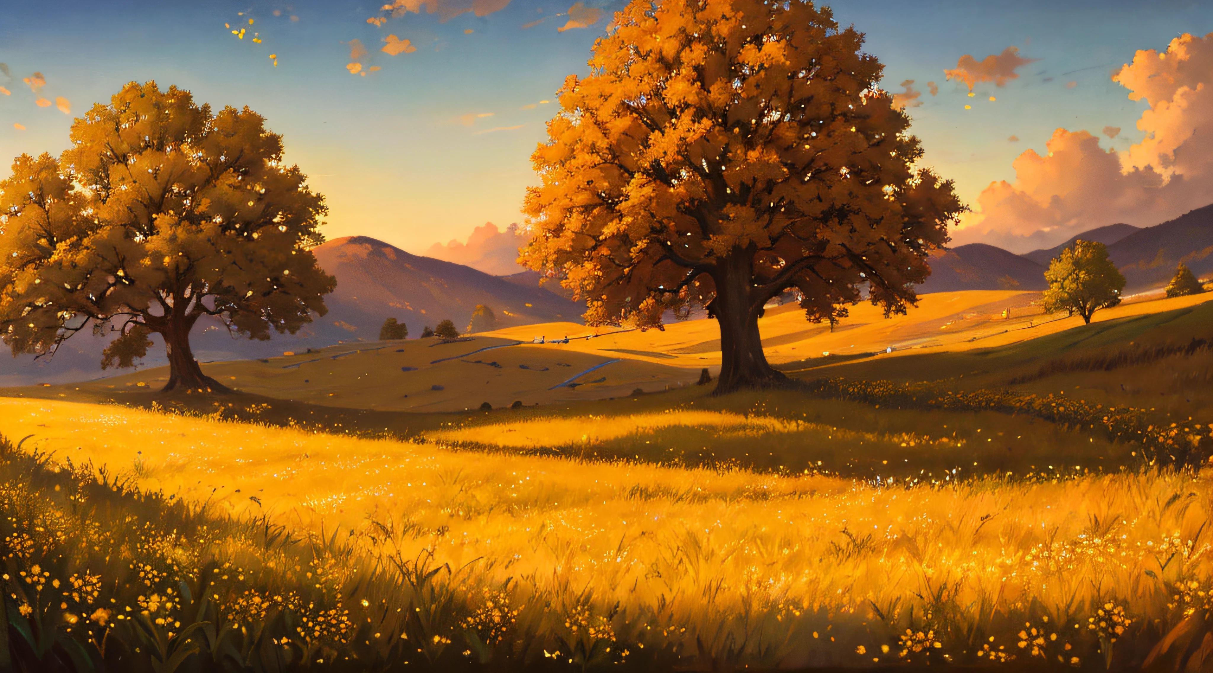 incredibly detailed lighting, detailed shadow, masterpiece, best quality, pastoral, golden hour, lone tree, person resting in grass:1.3, grazing animals, yellow wildflowers in foreground, oil painting, puffy clouds, crumbling stone wall:1.5