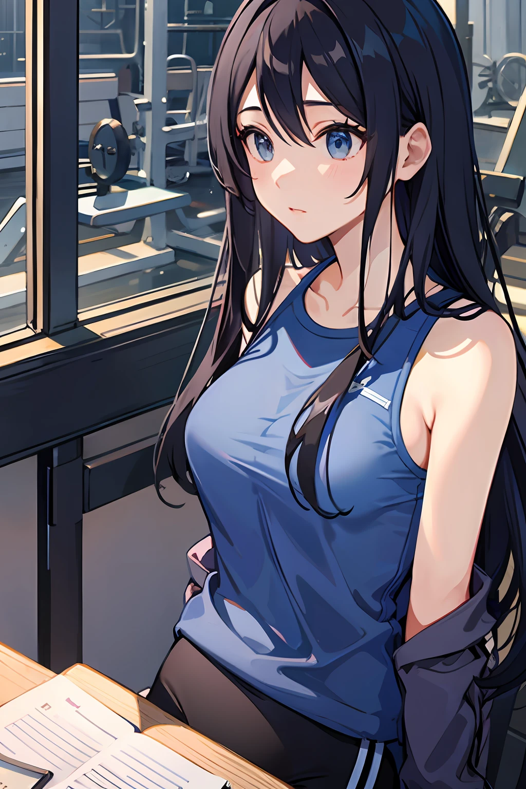 long black straight hair girl, gym clothes with blue stripes, wearing blue tie