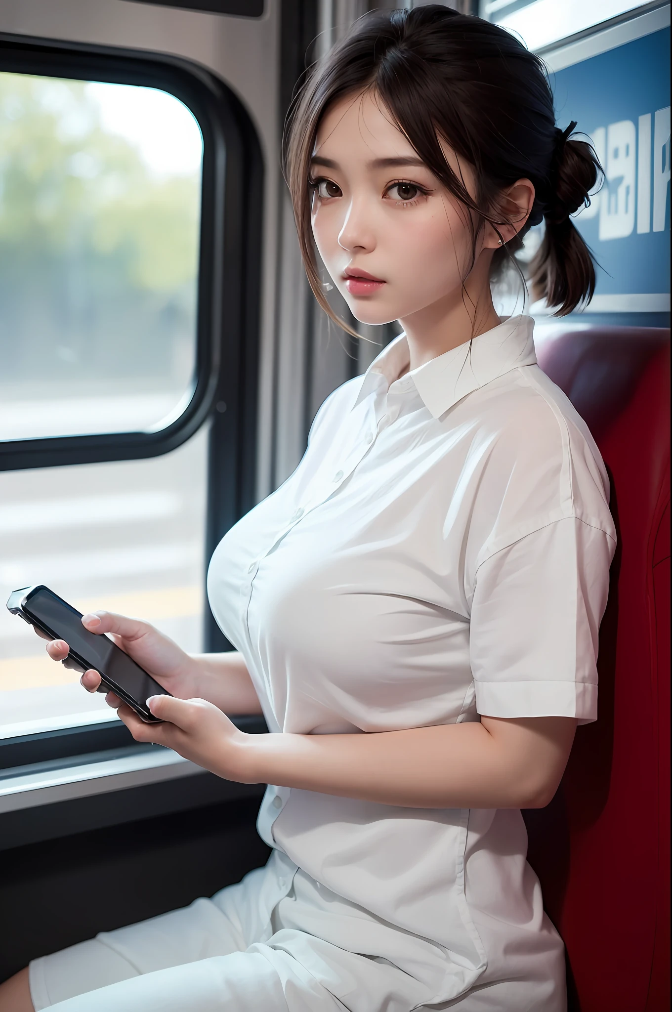 4D, (8K, highest quality, masterpiece: 1.3), (realistic, photorealistic: 1.4), ultra high definition, 1 girl, (japanese female), (handling smart phone, looking at smart phone screen:1.4), stare at smartphone screen, (hanging breasts), (sagging breasts), (high-definition cute face), sitting train seat, (longitudinal train seat:1.2), white shirt, professional lighting, high-definition fingers, high-definition eyes, high-definition teeth, angle from side, 1 standing boy, underless