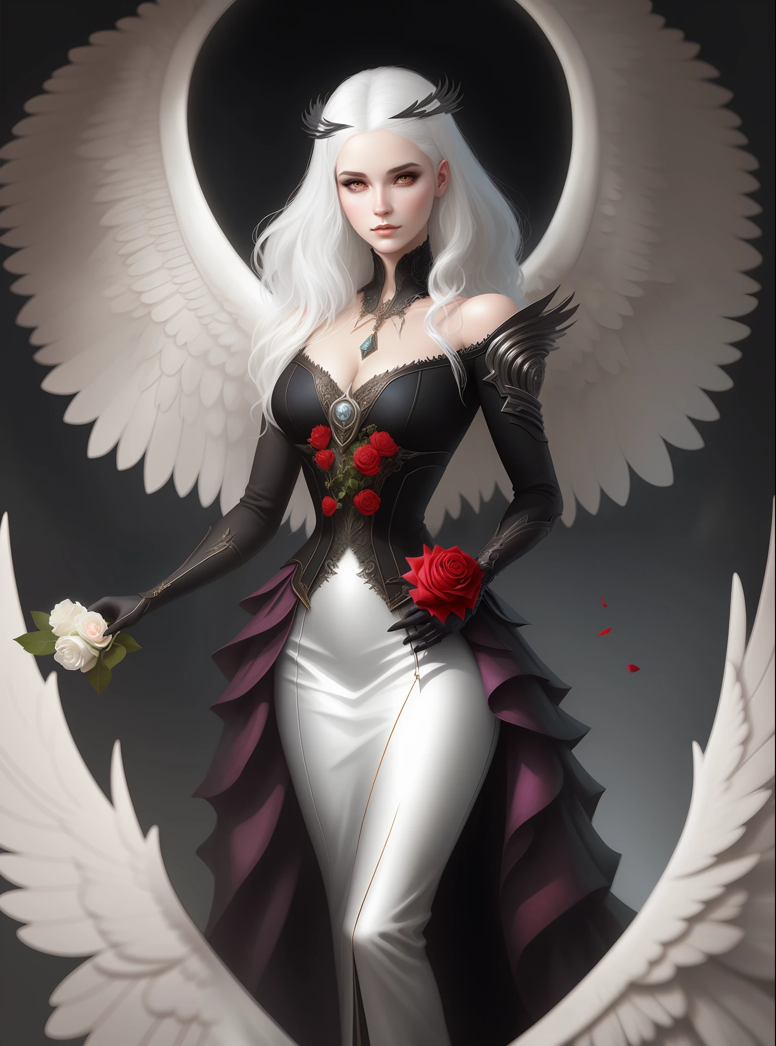 a woman with white hair and wings holding a rose, digital art inspired by Anne Stokes, cgsociety contest winner, fantasy art, artstyle tom bagshaw, in style of anne stokes, tom bagshaw artstyle, art tom bagshaw, style of tom bagshaw, tom bagshaw ) ) ), artgerm and tom bagshaw, in style of tom bagshaw