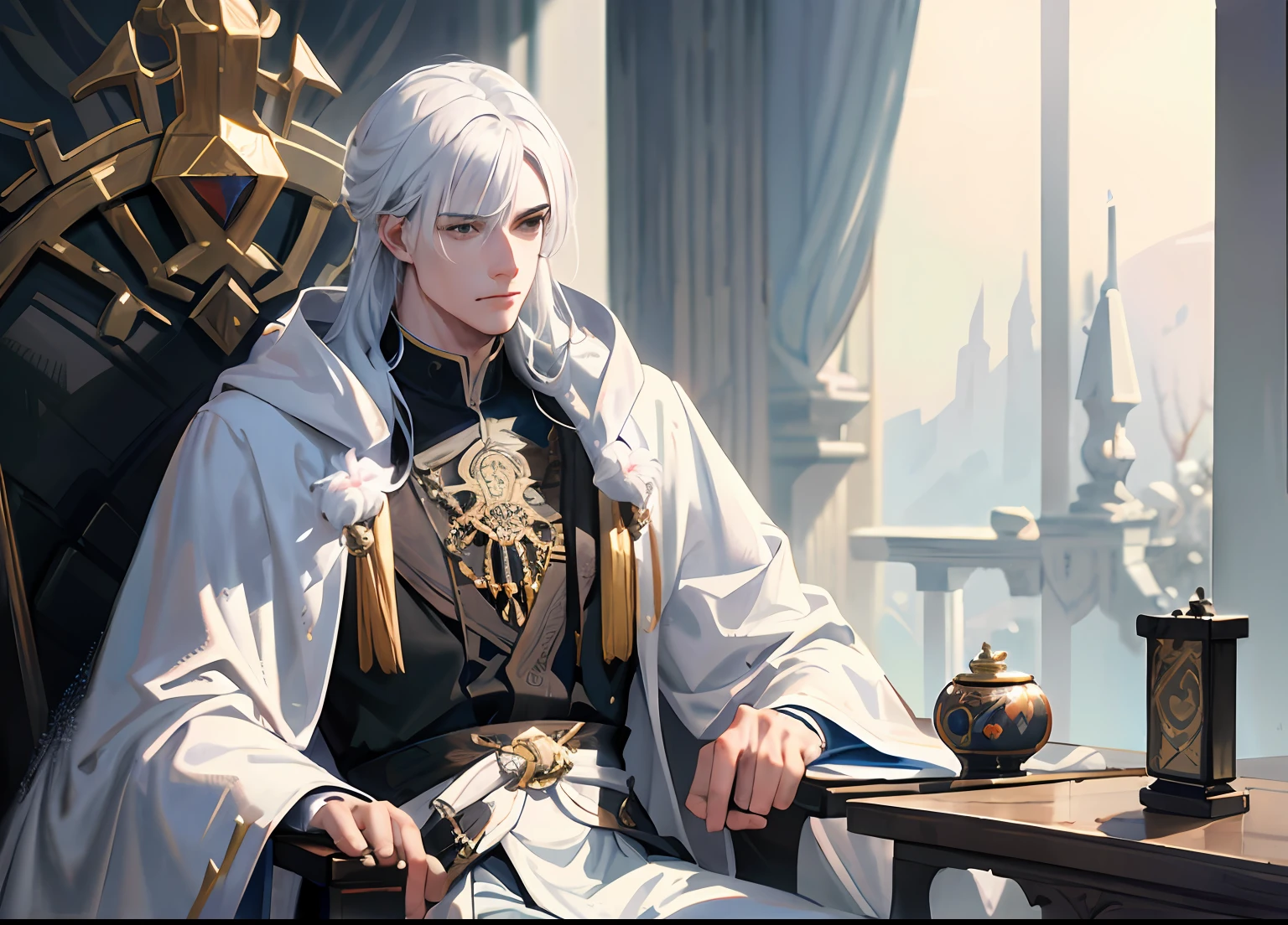 A teenager sits on a throne with one hand on his cheek
