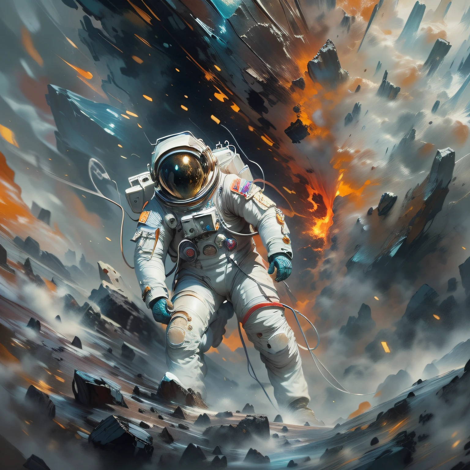 The astronaut, climbing the asteroid, Character rendering, super high-quality model, ethereal background, Abstract beauty, explosive volume, oil painted, Heavy strokes, paint drips,Highest image quality,best detail