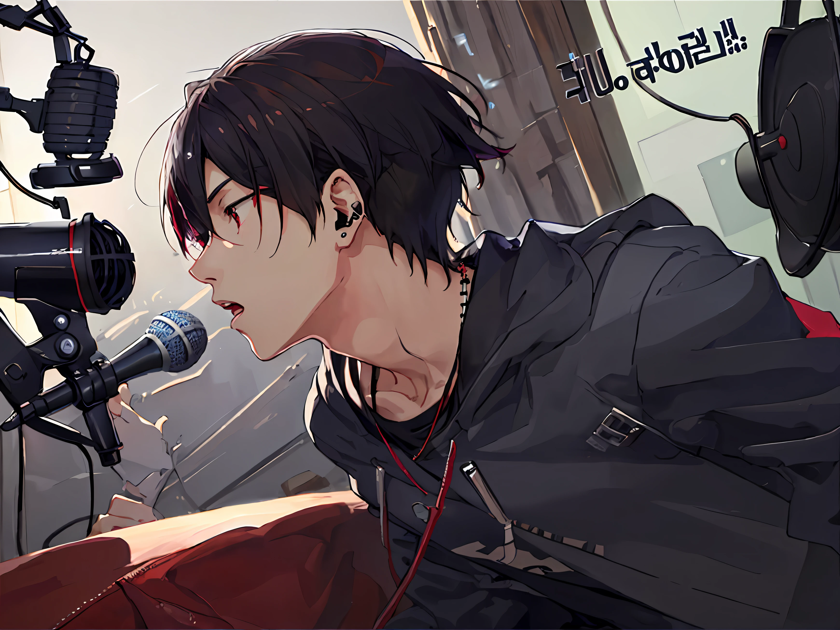 watercolor paiting、Anime boy singing into microphone with headphones, Vocal, singing into microphone, a handsome, profile、Portrait of an idol, sitting in front of a microphone, vocalist, Korean Idol, Studio Boys, A dark-haired, glamor, quadratic element, rapping into microphone, youtube video screenshot, high quality anime art, Erotic、Red Eyes、fullnude、a necklace、De S、I'm embarrassed、big headphone、microphone、Room at home、For adults、nffsw、Red cheeks、mean、leeway、Emo、Broad background