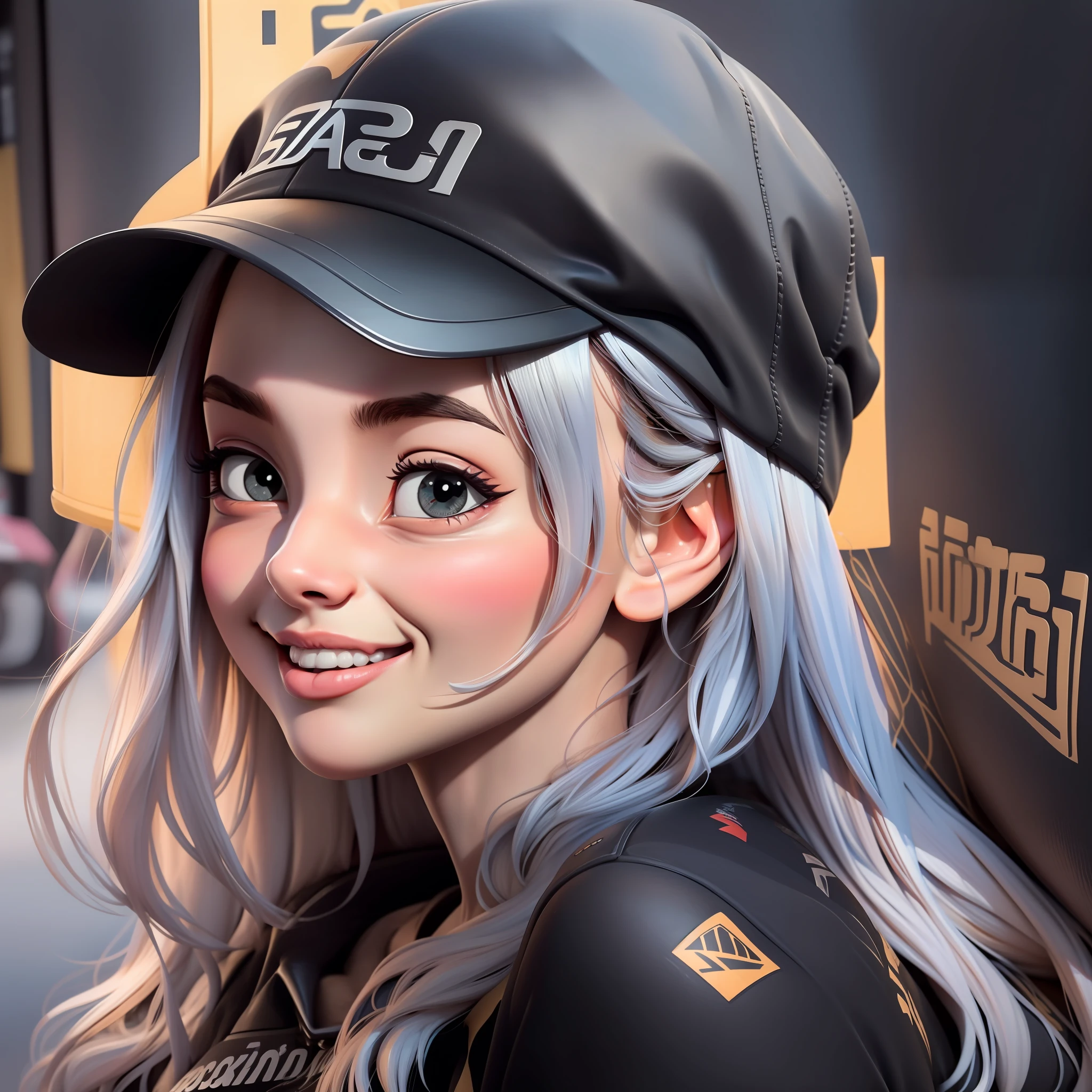 European girl in black sports cap smiling, Focused, realisti, contrasting, Trending in art station, Sticker, Emblem, sticker of a