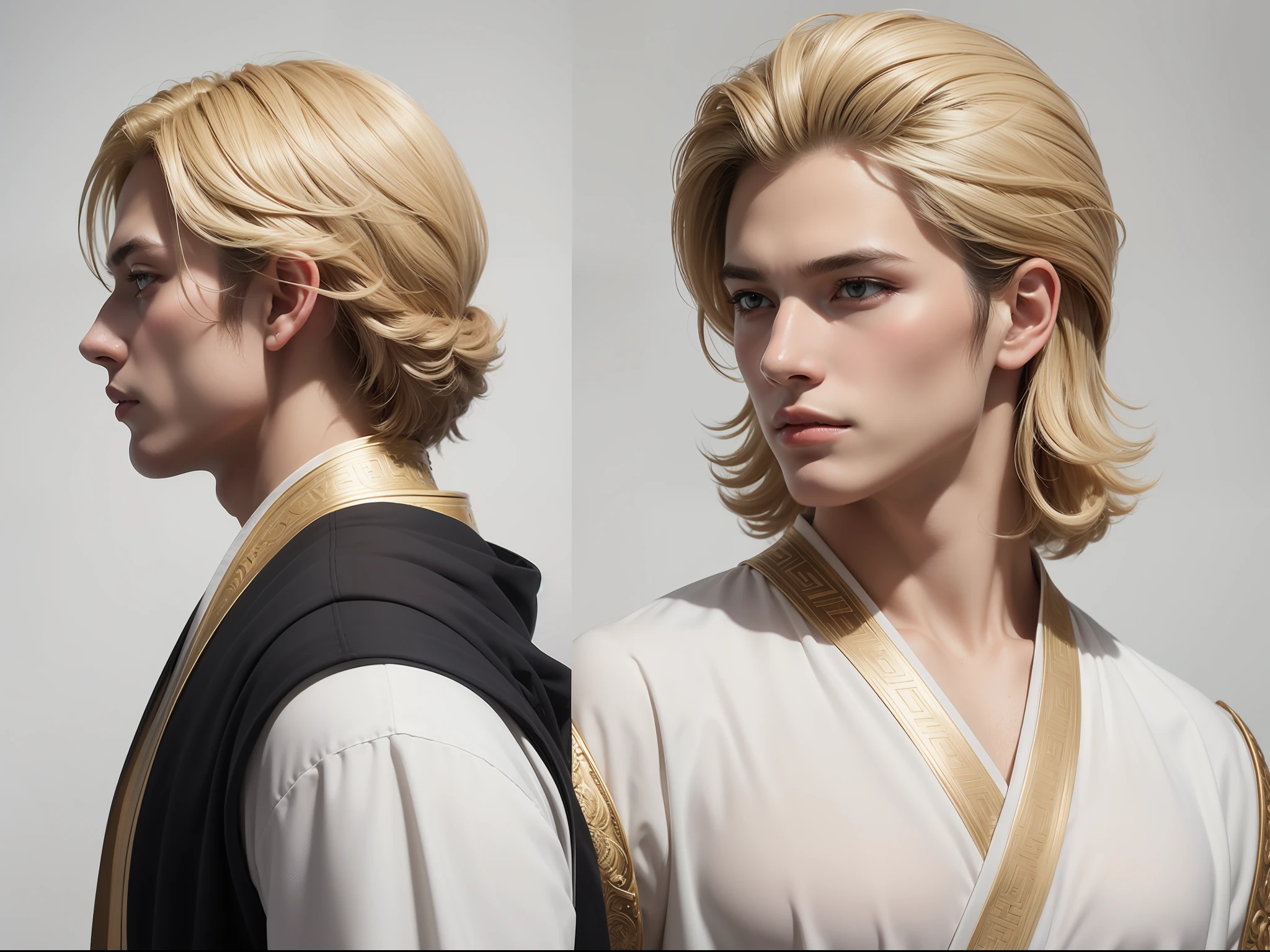(masterpiece), ultra-detailed, 3 views, character view(front view, side view , back view),ultra detailed to each 3 views, reference sketch of a God, Greek mythology God, Zeus, handsome face detailed, blonde hair color, His physical appearance is usually portrayed with a strong and muscular build, wearing traditional Greek clothing, like a flowing robe or chiton, ultra-realistic and sharp detail and intricate, intricate details, and style, simple background illustration