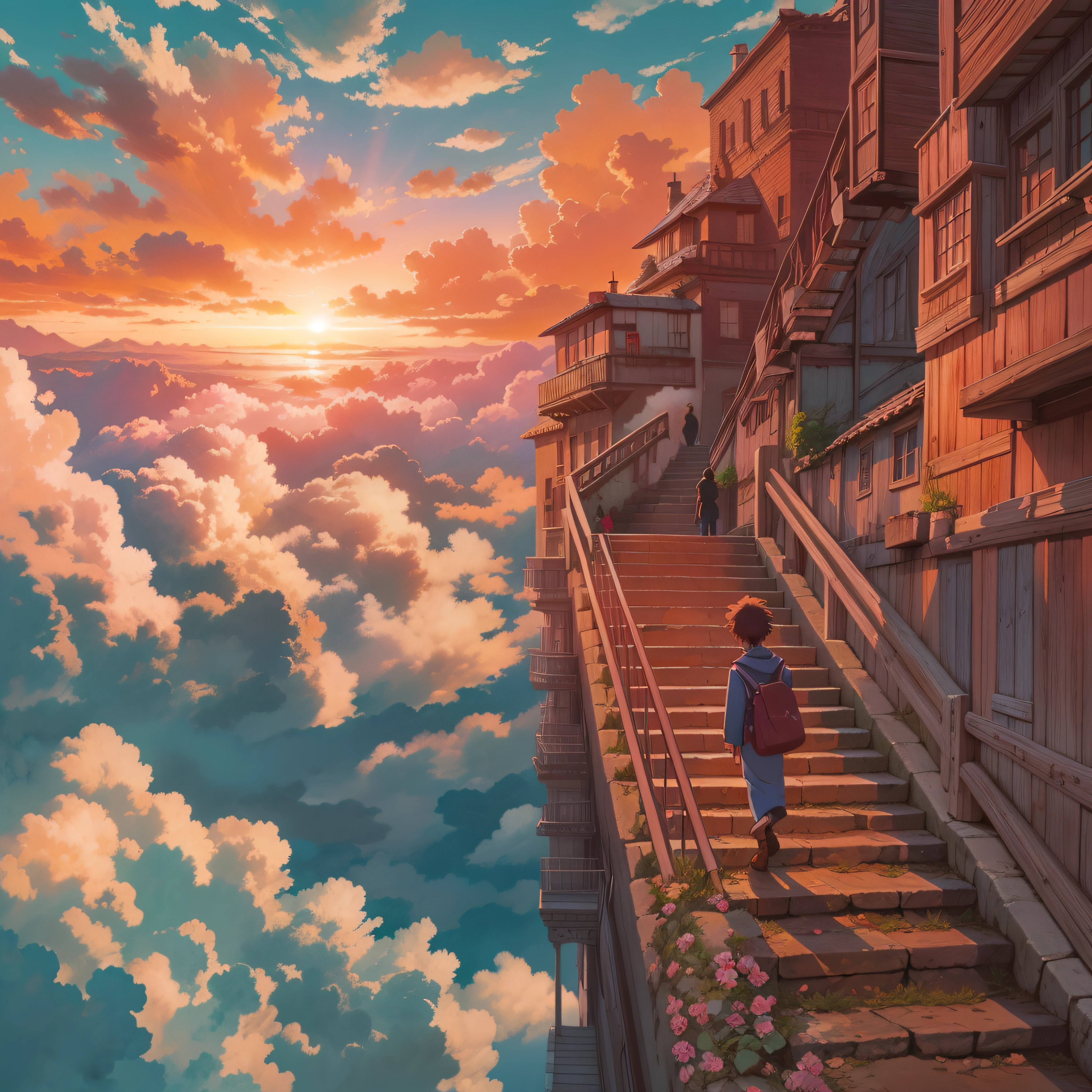 animesque、Skyscape with clouds、Red sunset sky、Deities々Shikai、stairway、You can see the touch of the brush、no human figures、Studio Ghibli、Ghibli、Scenery、Style、The light is sparkling、sky line、low angles