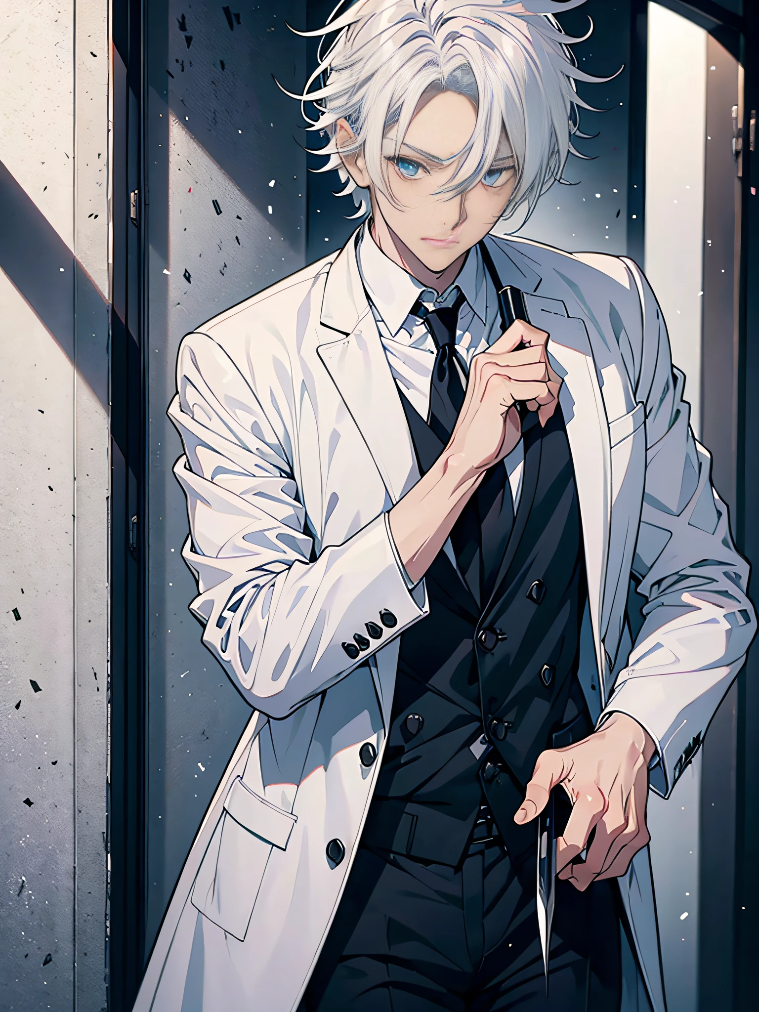 Stylistic image of a man with white hair and a knife，White hair，White hair，he has dark grey hairs，White-haired god，Tall anime guy with blue eyes，Best anime 4k，silber hair，Silver-haired madness，Male anime style，whaite hair，whaite hair，messy wavy white hair，White-haired fox，Scalpel in hand