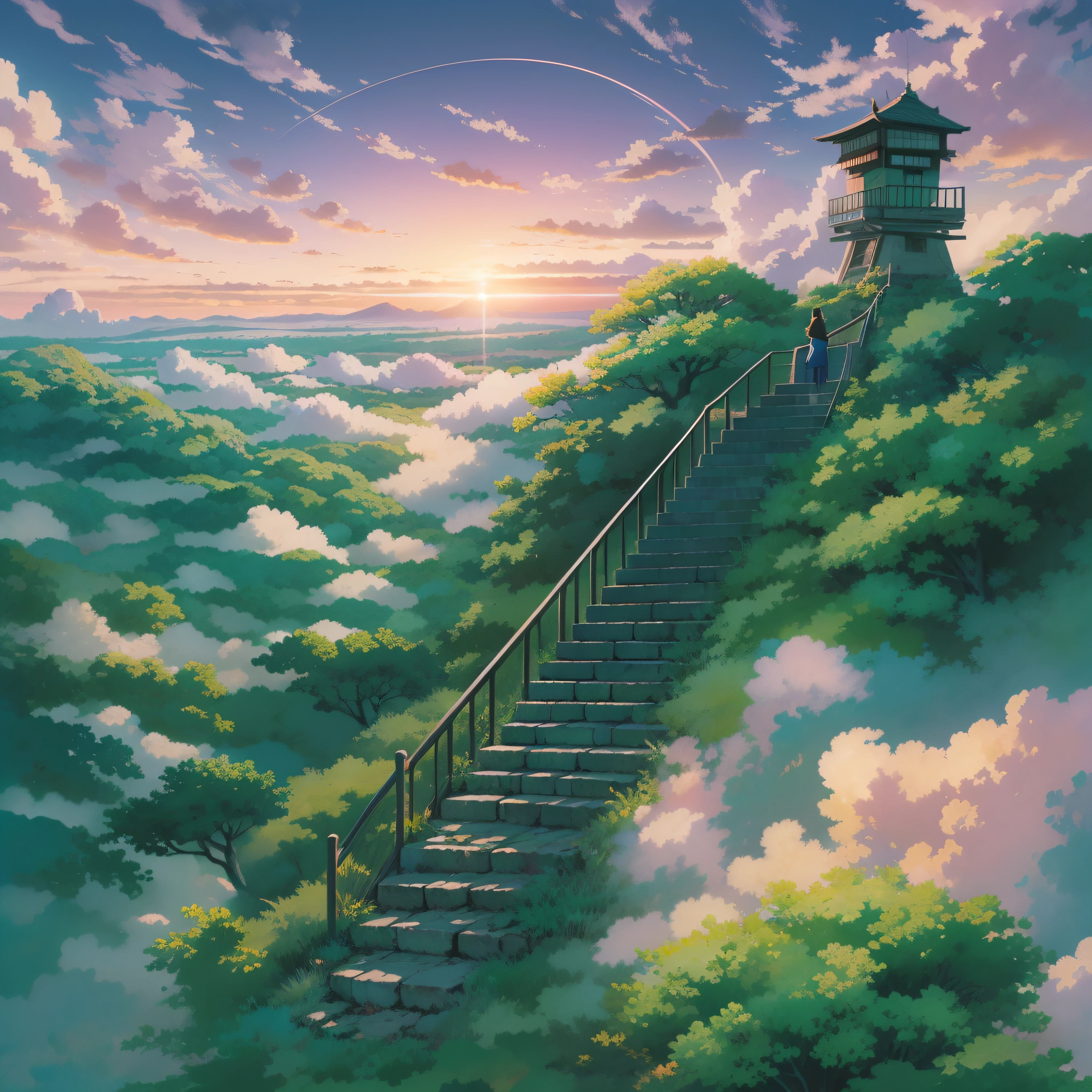 animesque、Skyscape with clouds、Purple sunset sky、Deities々Shikai、stairway、You can see the touch of the brush、no human figures、Studio Ghibli、Ghibli、Scenery、Style、The light is sparkling、sky line、low angles