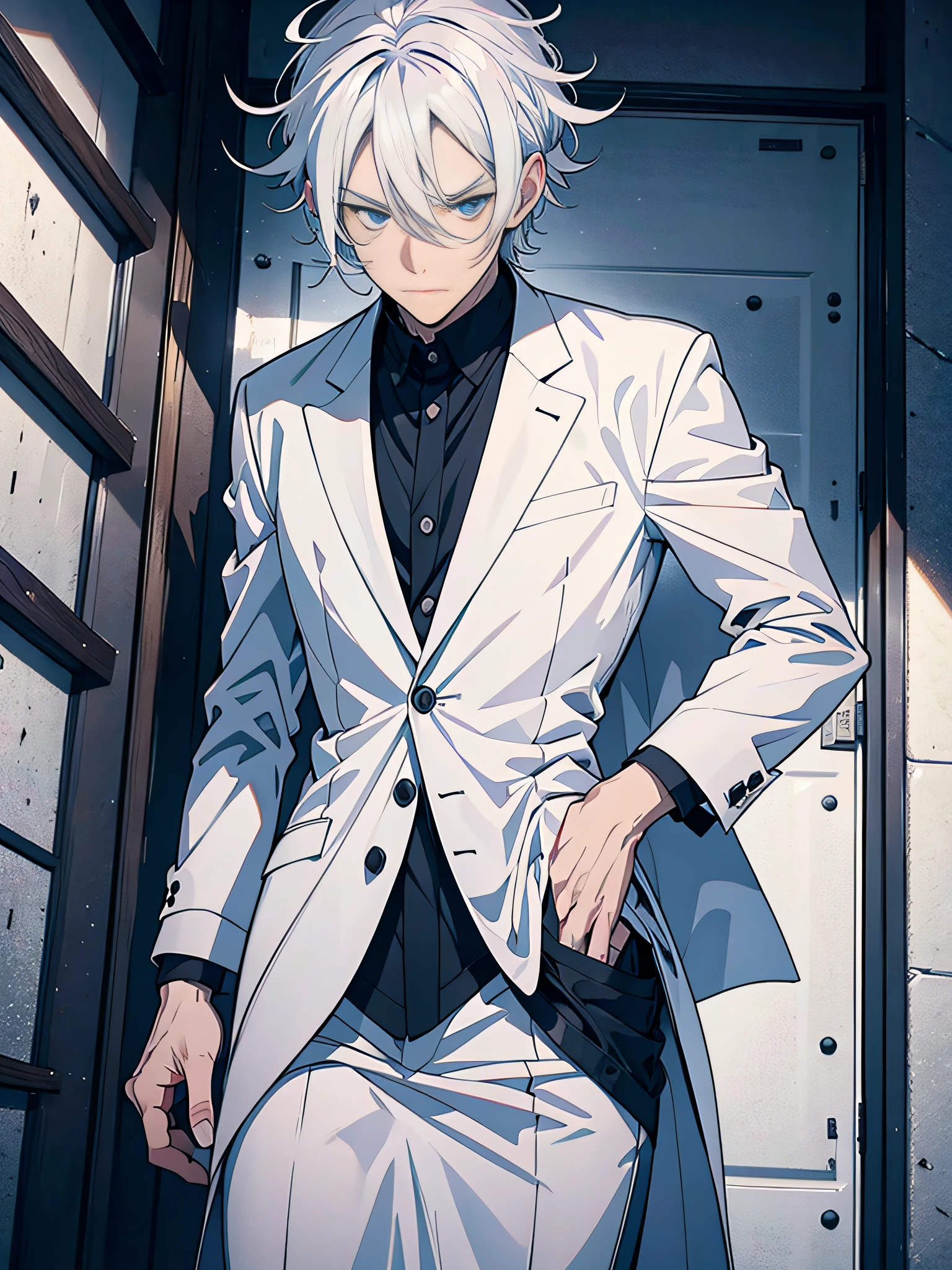 Stylistic image of a man with white hair and a knife，White hair，White hair，he has dark grey hairs，White-haired god，Tall anime guy with blue eyes，Best anime 4k，silber hair，Silver-haired madness，Male anime style，whaite hair，whaite hair，messy wavy white hair，White-haired fox，Scalpel in hand