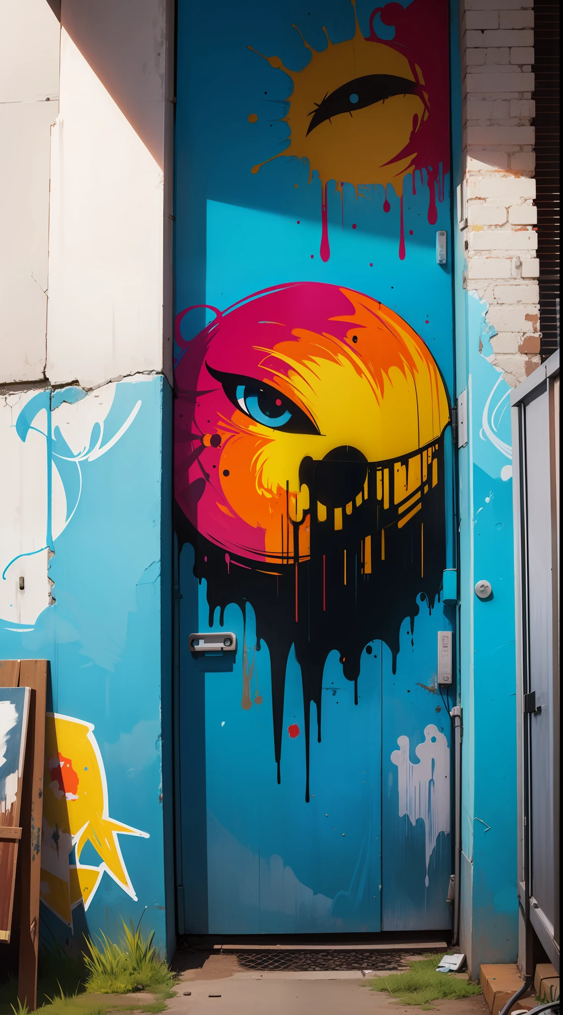 Back alley，Graffiti artist spray painting wall，paint splatter，Painting graffiti，Van Gogh，high qulity，tmasterpiece，A detailed，