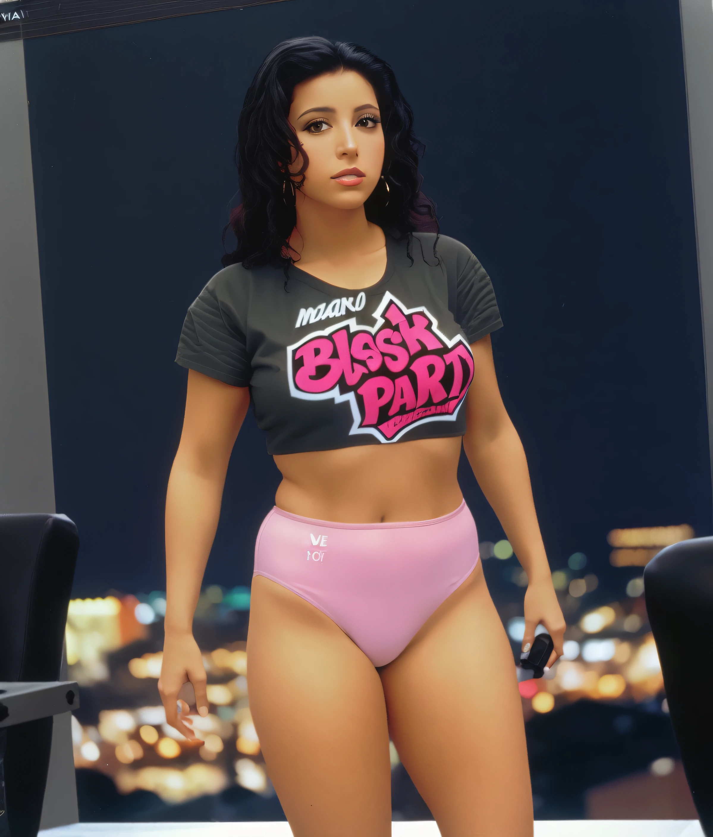 ((masterpiece, best quality)), Curvy Latina in black band logo shirt and pink cotton panties, in apartment overlooking the city, shot in the 1980's, grainy VHS, 1980's movie style,