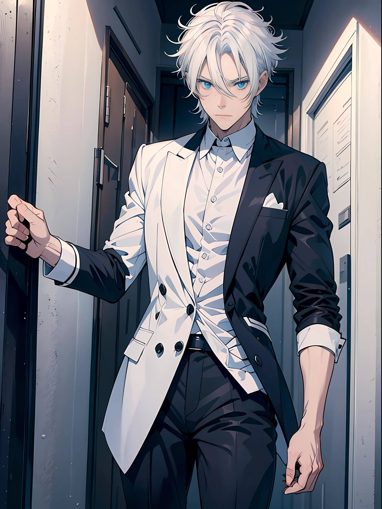 Stylistic image of a man with white hair and a knife，White hair，White hair，he has dark grey hairs，White-haired god，Tall anime guy with blue eyes，Best anime 4k，silber hair，Silver-haired madness，Male anime style，whaite hair，whaite hair，messy wavy white hair，White-haired fox，Scalpel in hand