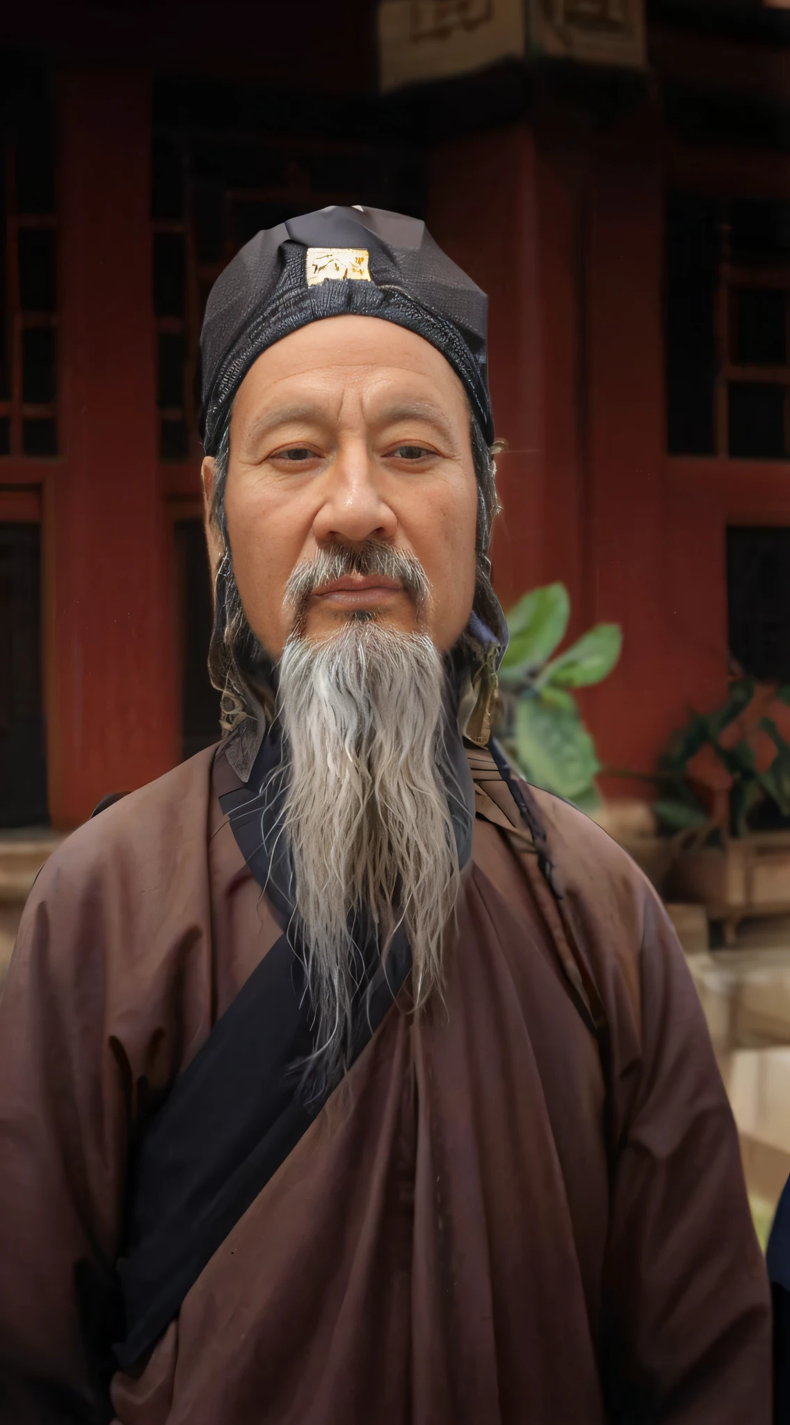 Arafard man with a long beard and a hat standing in front of a building，Taoist，Taoist master，Taoist，inspired by Wu Daozi，Taoist temples and monks，Inspired by Hu Zaobin，Wind tree，Daoism，inspired by Li Shixing，Inspired by Lee Jae，Song Nan Lee 4 realistic --auto