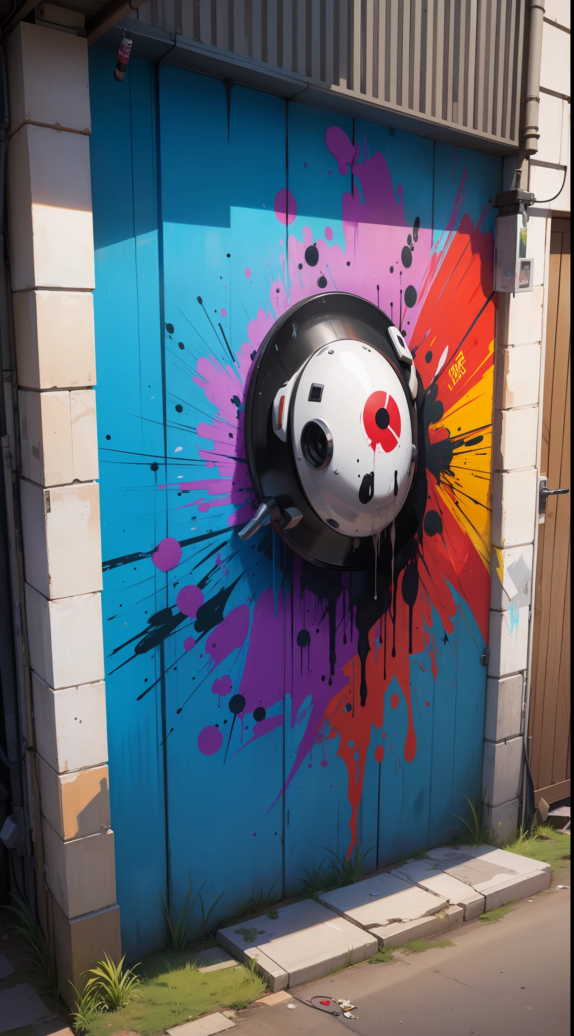 Back alley,Graffiti artist spray painting wall,paint splatter,high qulity,tmasterpiece,A detailed,Struggle