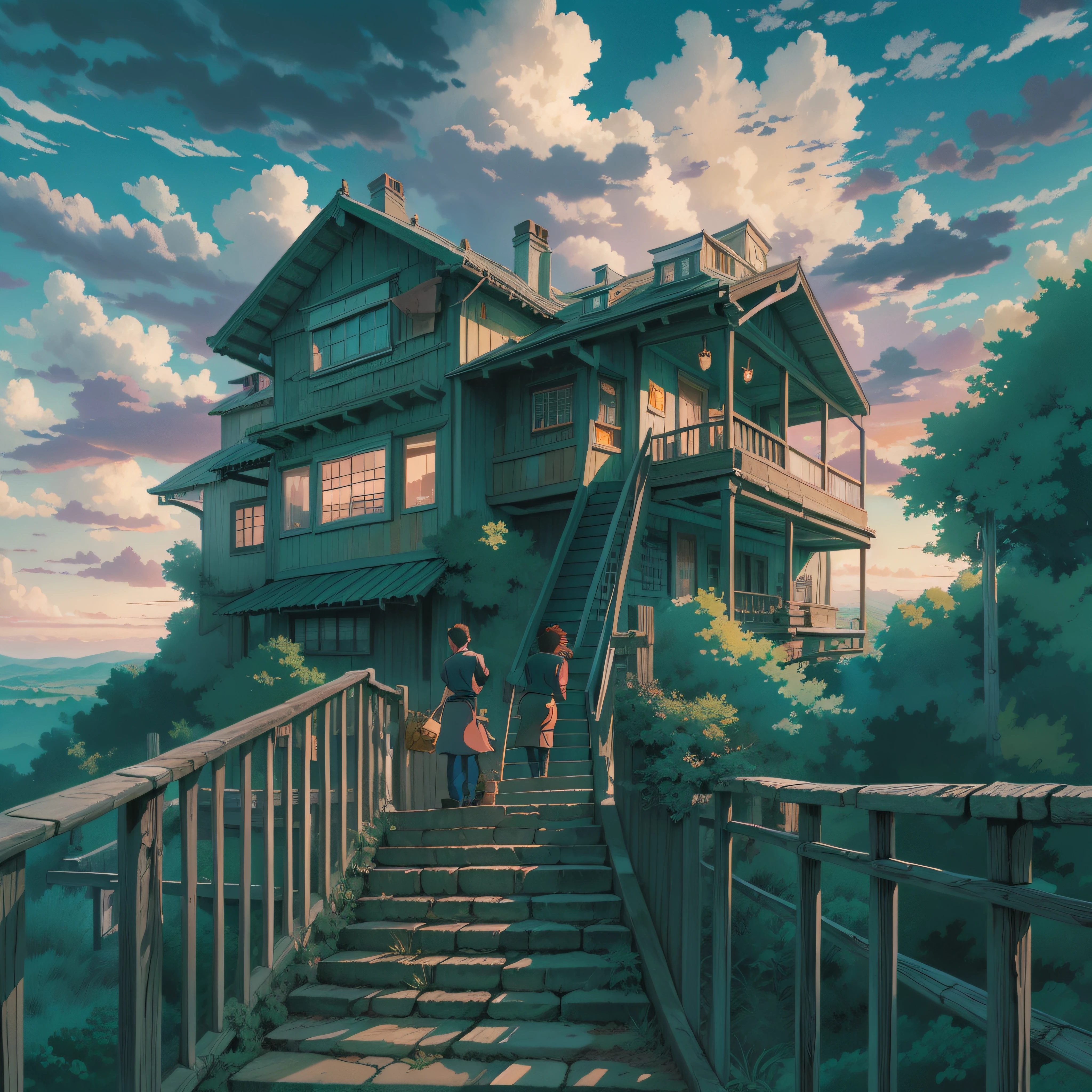 animesque、Skyscape with clouds、Purple sunset sky、Deities々Shikai、stairway、You can see the touch of the brush、no human figures、Studio Ghibli、Ghibli、Scenery、Style、The light is sparkling、sky line、low angles