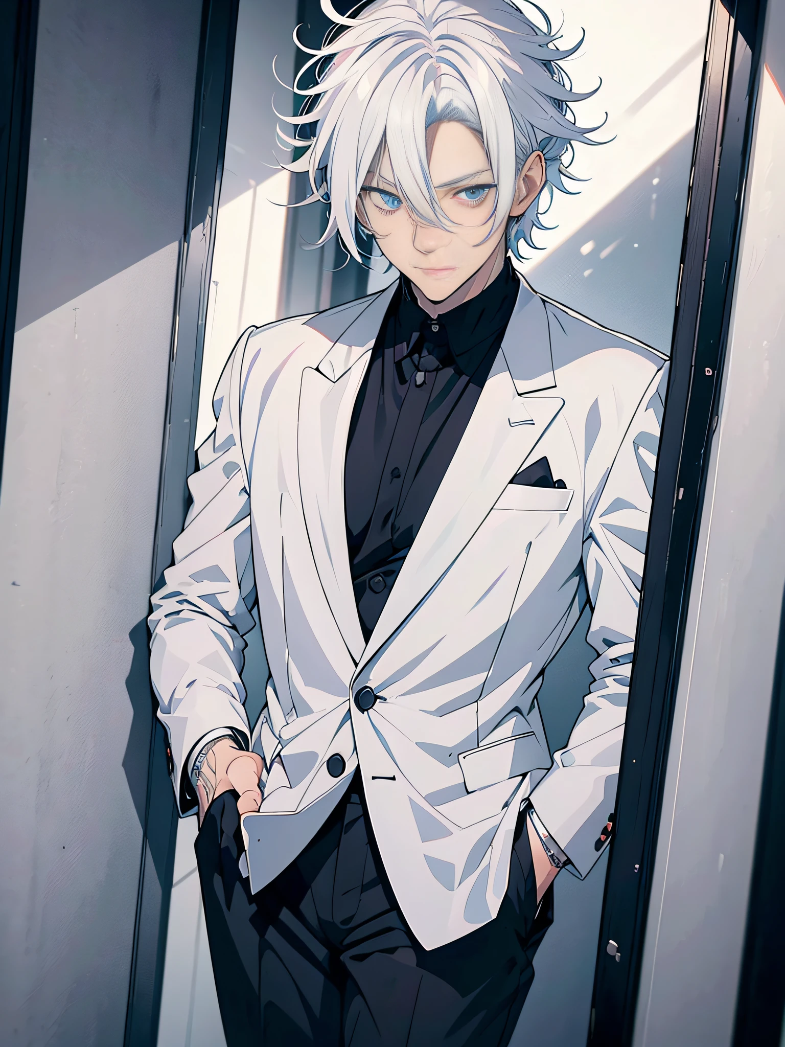 Stylistic image of a man with white hair and a knife，White hair，White hair，he has dark grey hairs，White-haired god，Tall anime guy with blue eyes，Best anime 4k，silber hair，Silver-haired madness，Male anime style，whaite hair，whaite hair，messy wavy white hair，White-haired fox