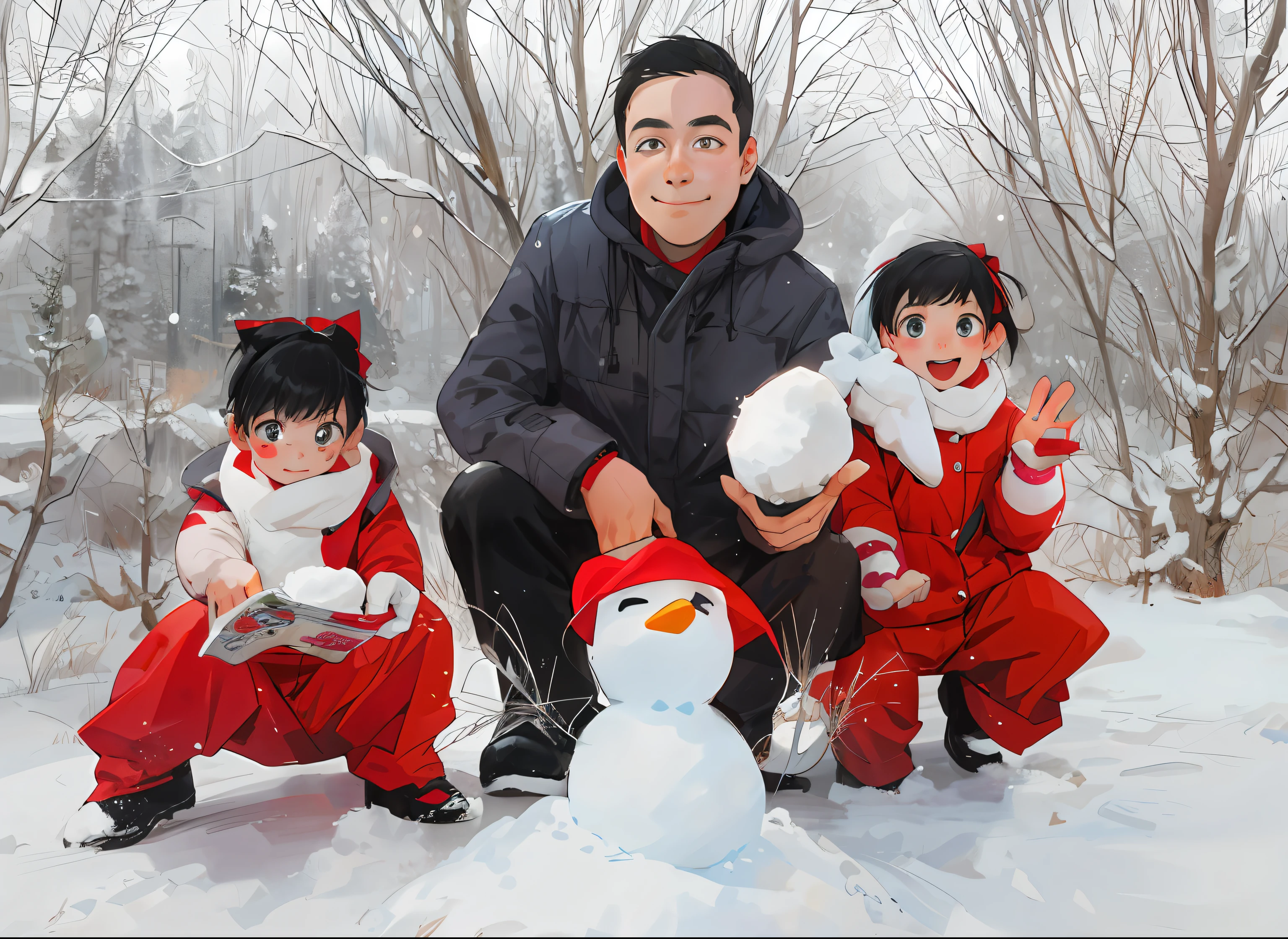 There are two twin children and a man and a snowman,In comic book style