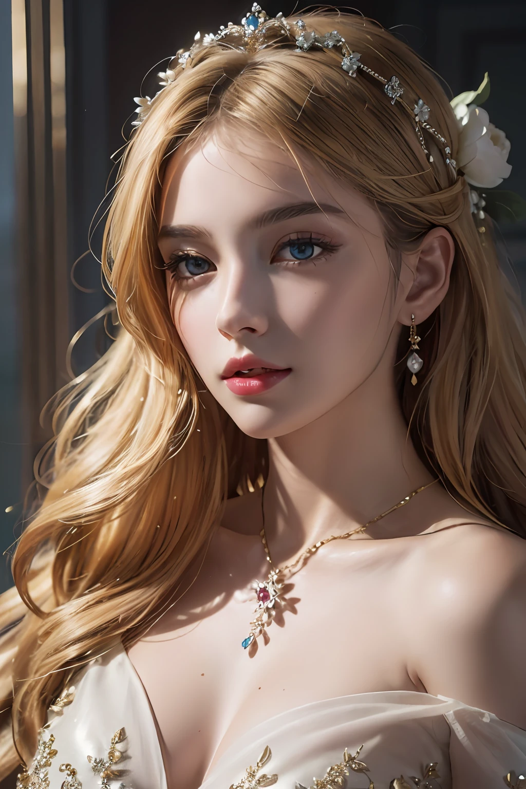 ( Absurd, High quality, ultra-detailed, masterpiece, concept art, smooth, highly detailed artwork, hyper-realistic painting )beautiful eyes(eyes detailed), Goddess, Greek mythology, Aphrodite, captivating and enchanting, commanding attention wherever she went, breathtakingly beautiful goddess with flawless features, skin was described as radiant and fair, often compared to the softness of freshly bloomed flowers, wavy blonde hair was a prominent aspect of her beauty. It was typically depicted as lustrous and flowing, often cascading in waves or curls down her shoulders and back, her hair colour is golden blonde, eyes were enchanting and seductive, with a sparkle that could ignite passion and love , Aphrodite’s gaze had the power to captivate and inspire love in those who looked upon her, wearing elegant and ethereal garments. She adorned herself with exquisite jewellery , including necklaces, bracelets, and intricate accessories, with pink dress