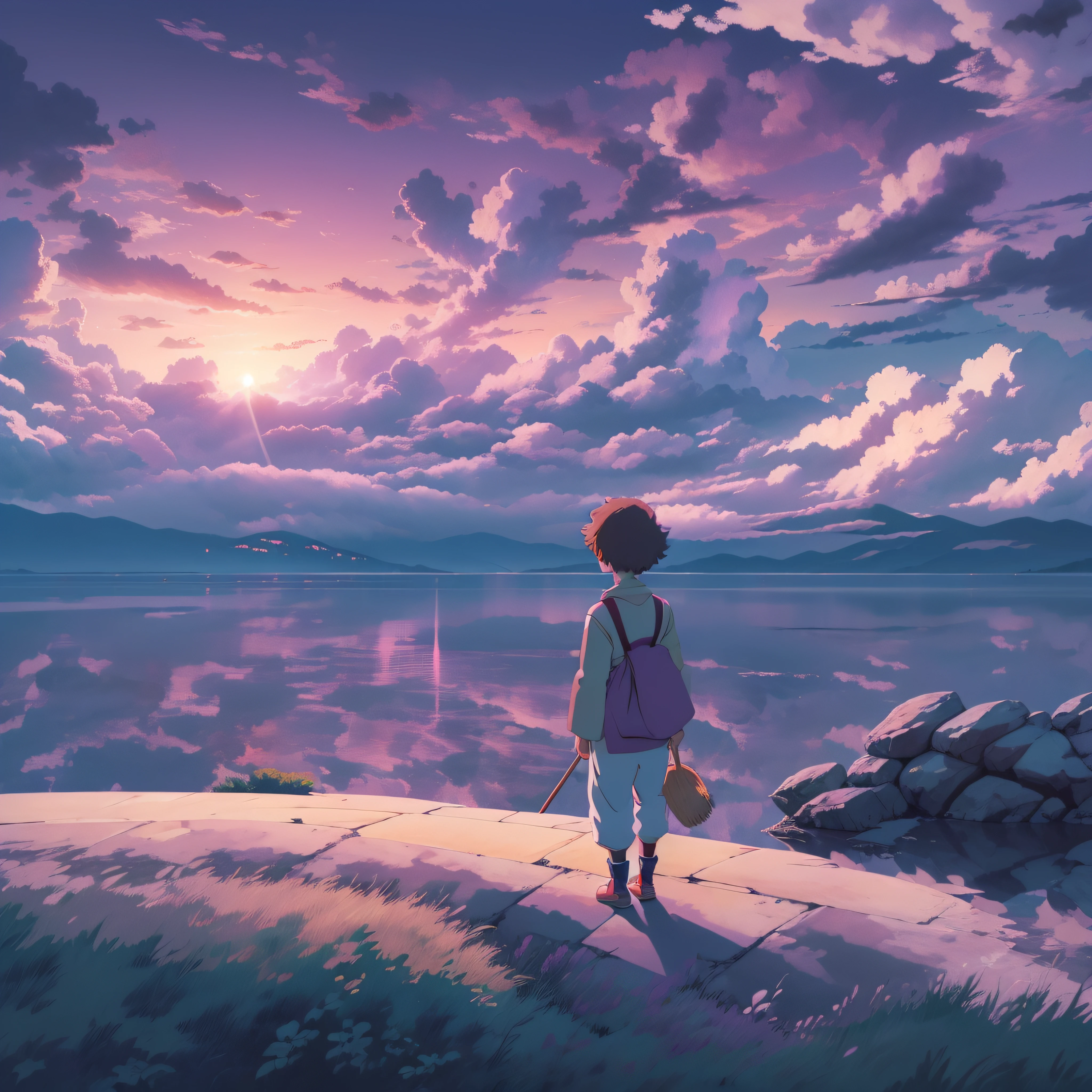 animesque、Skyscape with clouds、Purple sunset sky、Deities々Shikai、mont、You can see the touch of the brush、no human figures、Studio Ghibli、Ghibli、Scenery、Style、The light is sparkling、sky line