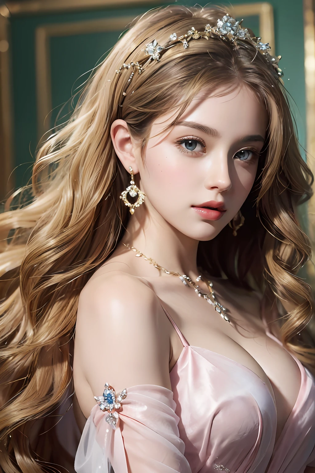 ( Absurd, High quality, ultra-detailed, masterpiece, concept art, smooth, highly detailed artwork, hyper-realistic painting )beautiful eyes(eyes detailed), Goddess, Greek mythology, Aphrodite, captivating and enchanting, commanding attention wherever she went, breathtakingly beautiful goddess with flawless features, skin was described as radiant and fair, often compared to the softness of freshly bloomed flowers, wavy blonde hair was a prominent aspect of her beauty. It was typically depicted as lustrous and flowing, often cascading in waves or curls down her shoulders and back, her hair colour is golden blonde, eyes were enchanting and seductive, with a sparkle that could ignite passion and love , Aphrodite’s gaze had the power to captivate and inspire love in those who looked upon her, wearing elegant and ethereal garments. She adorned herself with exquisite jewellery , including necklaces, bracelets, and intricate accessories, with pink dress