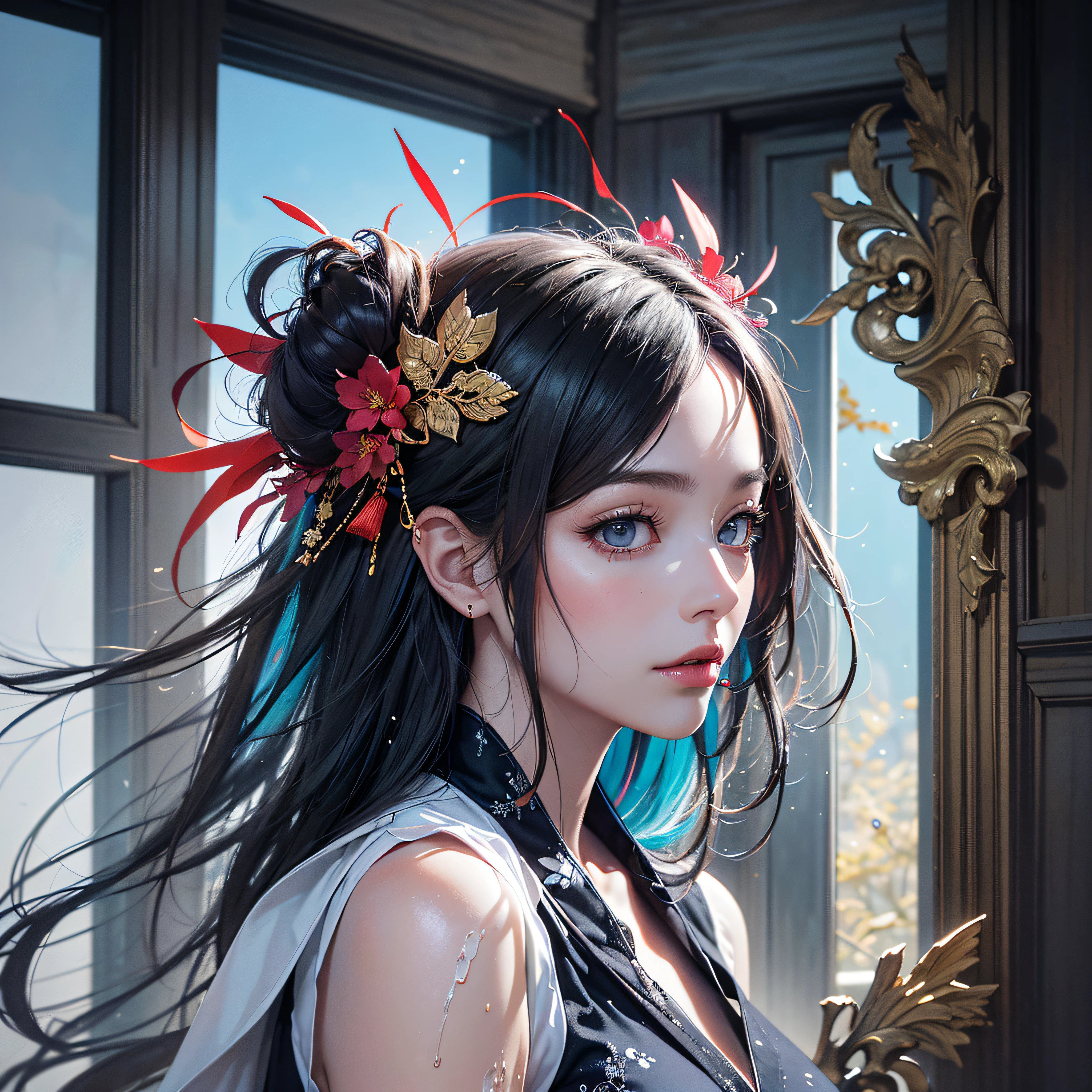 (8k, RAW photo:1.2),best quality, ultra high res,dramatic angle,(fluttered detailed color splashs), (illustration),(((1 girl))),(long hair),(rain:0.9),(hair ornament:1.4),there is an ancient palace beside the girl,(((chinese clothes))),(focus on), color Ink wash painting,(color splashing),colorful splashing,((colorful)),(((cool colors))),(((Tang dinasty)))(sketch:0.8), Masterpiece,best quality, beautifully painted,highly detailed,(denoising:0.6),[splash ink],((ink refraction)), (beautiful detailed sky),moon,highly,detaild,(masterpiece, best quality, extremely detailed CG unity 8k wallpaper,masterpiece, best quality, ultra-detailed),(Lycoris radiata), architecture,