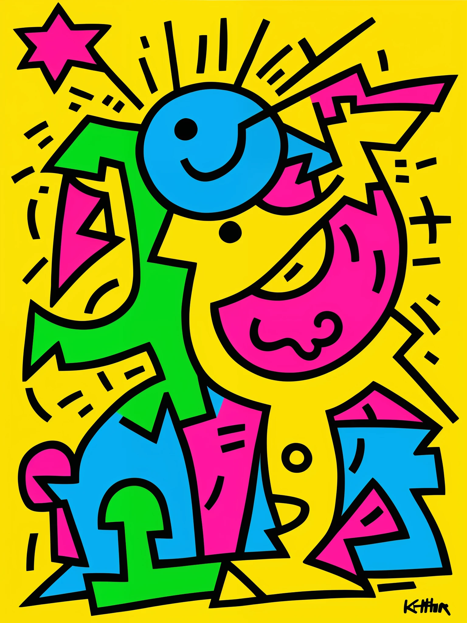 Drawing with graffiti of different colors on a yellow background, colourfull、keith harring, keith haring style, Inspired by Keith Haring, by Keith Haring, Inspired by Gary Punter, inspired by Howard Arkley, masterpiece work of art, Neo-expressionism, nowi, bustling, nffsw, morose, Enthusiastic brushwork