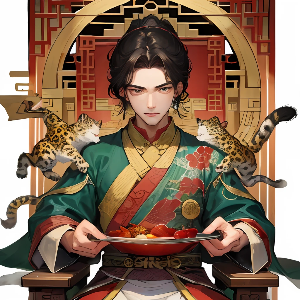 Masterpiece, Best quality, Little boy fights with leopard , Chinese style, Ancient China,