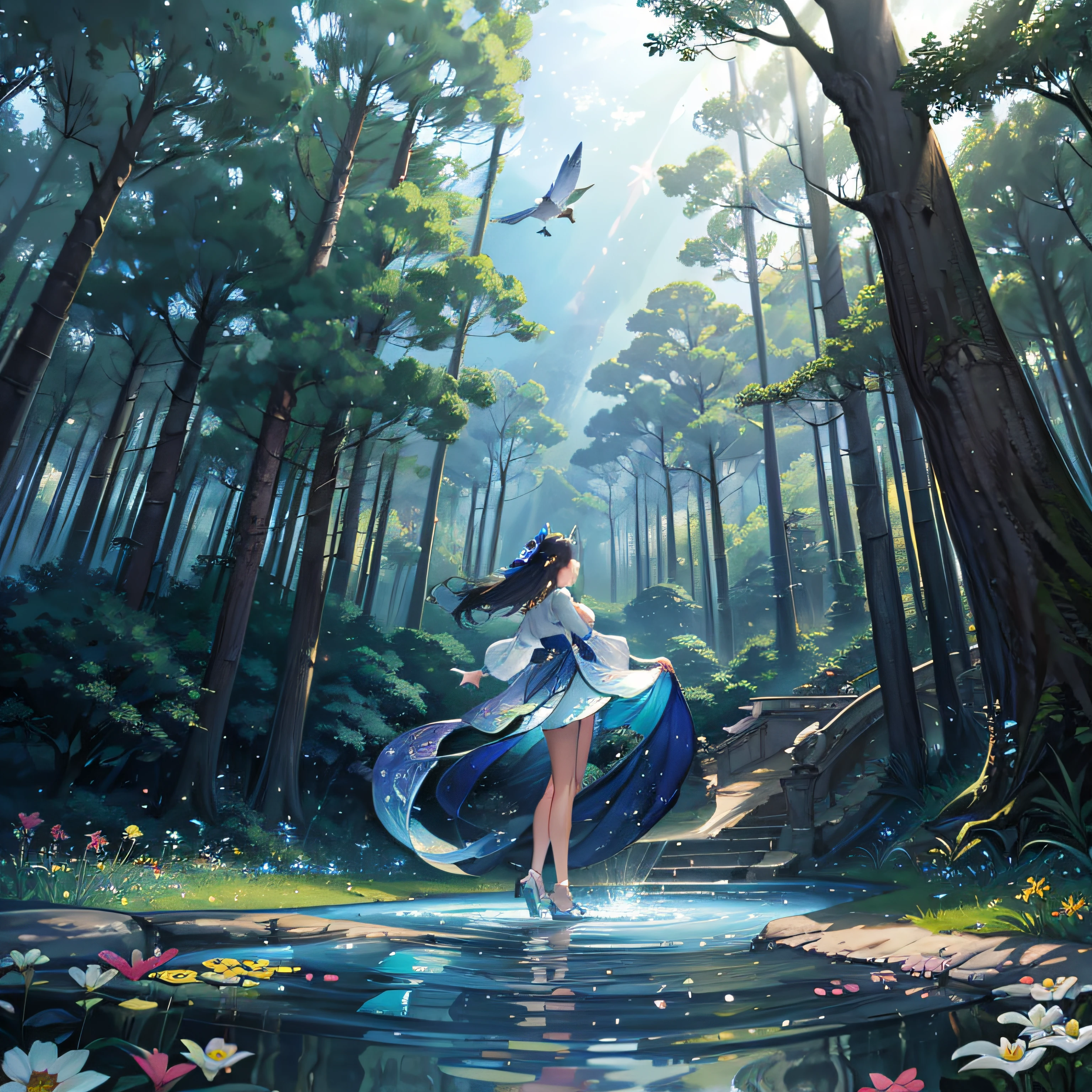 The scene shows a lush and magical forest on the edge of a quiet river, where the waters reflect the blue sky and the treetops. Nature is portrayed in vivid, vibrant colors, bringing life and energy to the scene.
In the sky, a group of colorful birds fly in unison, spreading a sense of freedom and serenity through the air. Their wings are painted in bright hues and their happy songs seem to echo through the trees.
The tall, majestic trees reach towards the sky, with lush green leaves and a few exotic flowers that bloom in dazzling colors. The tree branches are adorned with charming little creatures such as colorful butterflies and playful squirrels.
By the river, a carpet of diverse flowers blooms in a riot of colors. Lilies, roses, tulips and daisies mix in a dance of vibrant tones, creating an atmosphere of beauty and enchantment.
In the center of the scene, there is an ancient and wise tree, whose trunk is full of mysterious symbols. This tree is the heart of the Garden of Dreams, emanating a magical and powerful aura. Its canopy stretches out in a graceful arch, enclosing a sacred space where the deepest desires are granted.
Sunlight shines through the leaves of the trees, creating shadow patterns on the ground, which add to the scene's sense of peace and tranquility.
This illustration conveys an atmosphere of magic, serenity and beauty, with nature in all its grandeur and splendor. She represents the Garden of Dreams, a place where desires are fulfilled and where people can find valuable lessons for their lives.
I hope this description is useful for you to create your illustration and that it brings to life the wonderful world of the Garden of Dreams. Good luck in your creation! --auto
