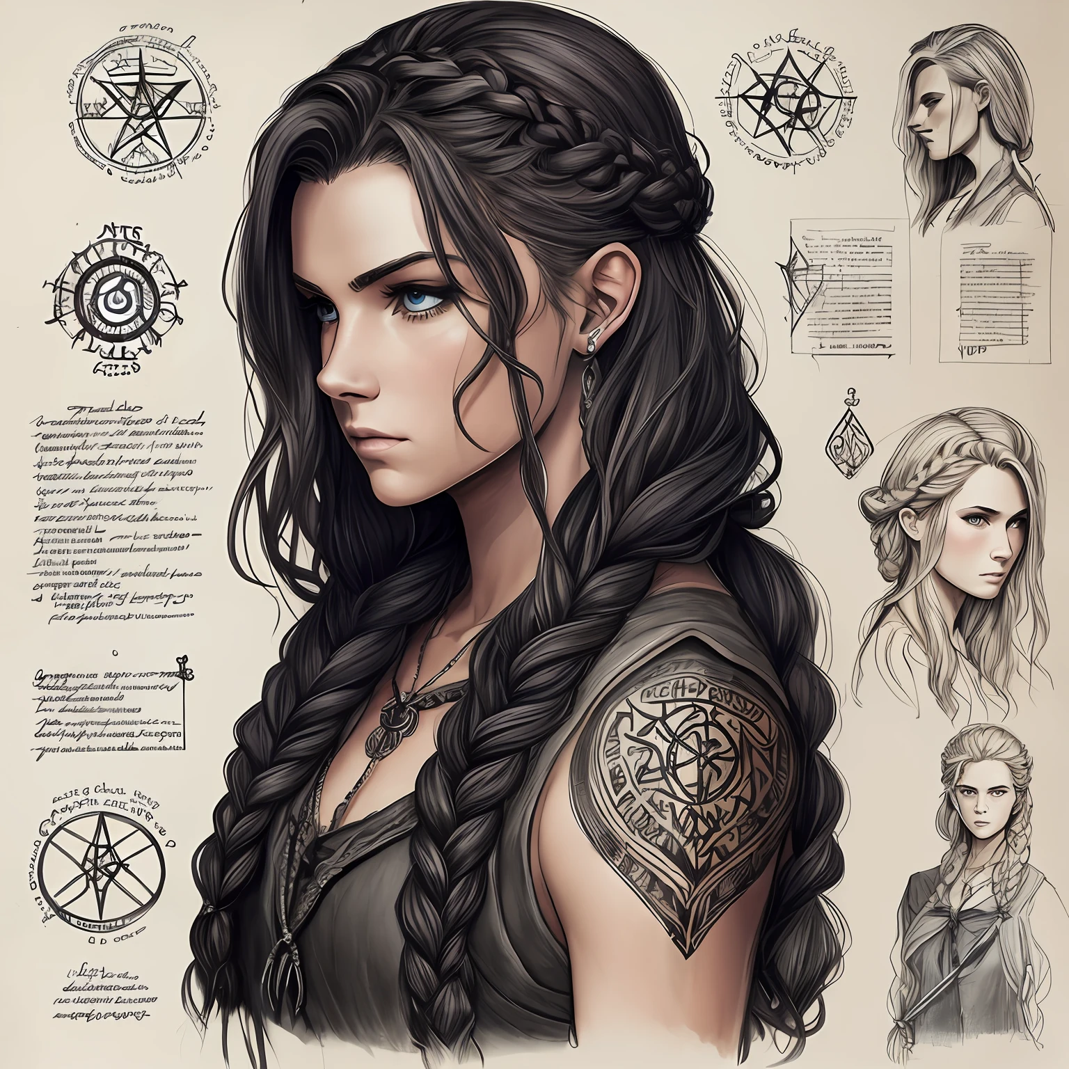 Charlie Cadwell, bits of color, Sketch book, hand drawn, dark, gritty, realistic sketch, Rough sketch, mix of bold dark lines and loose lines, bold lines, on paper, character sheet, female, Full body, arcane symbols, runes, dark theme, flowing partially braided blonde hair, beautiful, handsome --auto