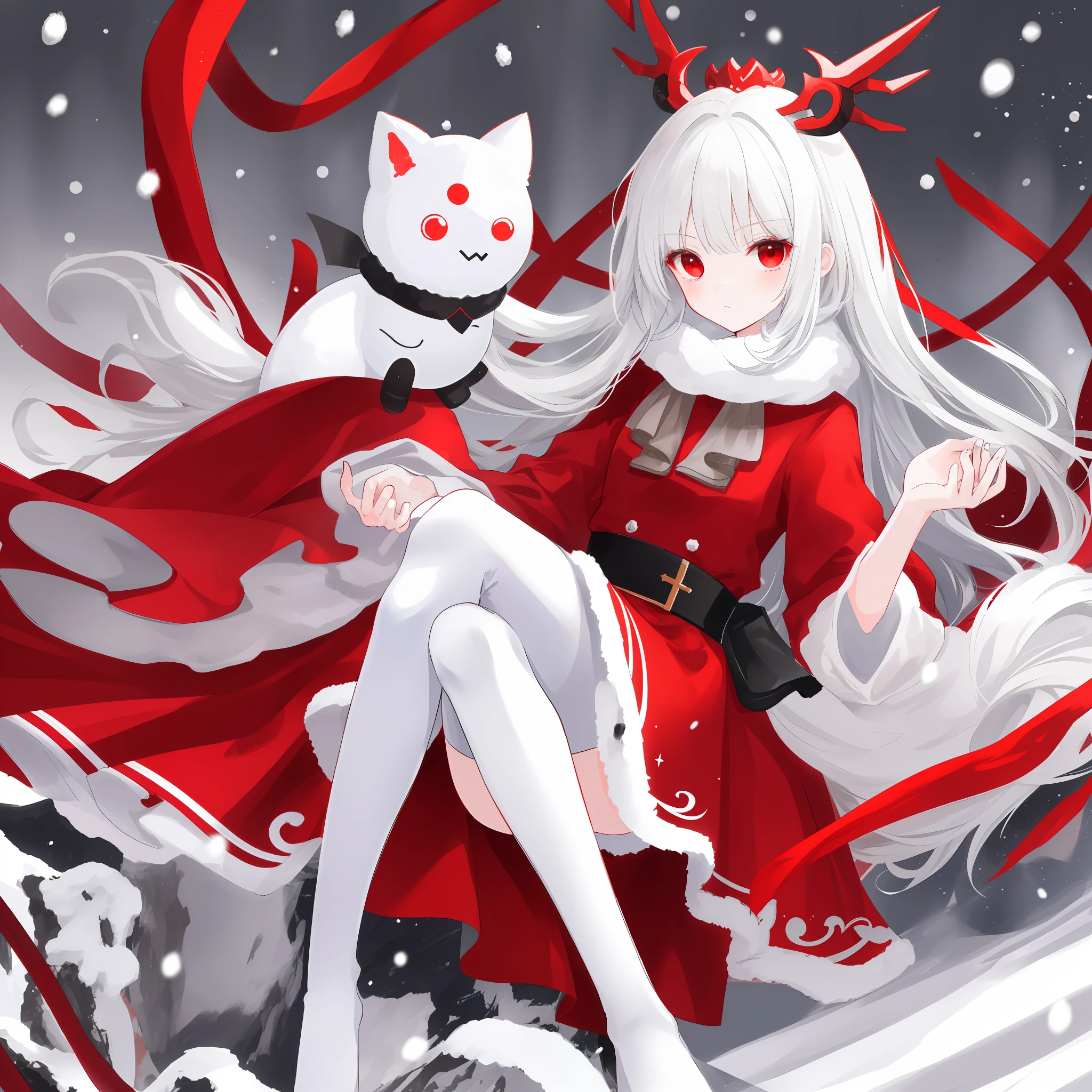 White hair,Red eyes,Red dress short,snowy day,Show cute little feet,bit girl,tmasterpiece,HighestQuali
