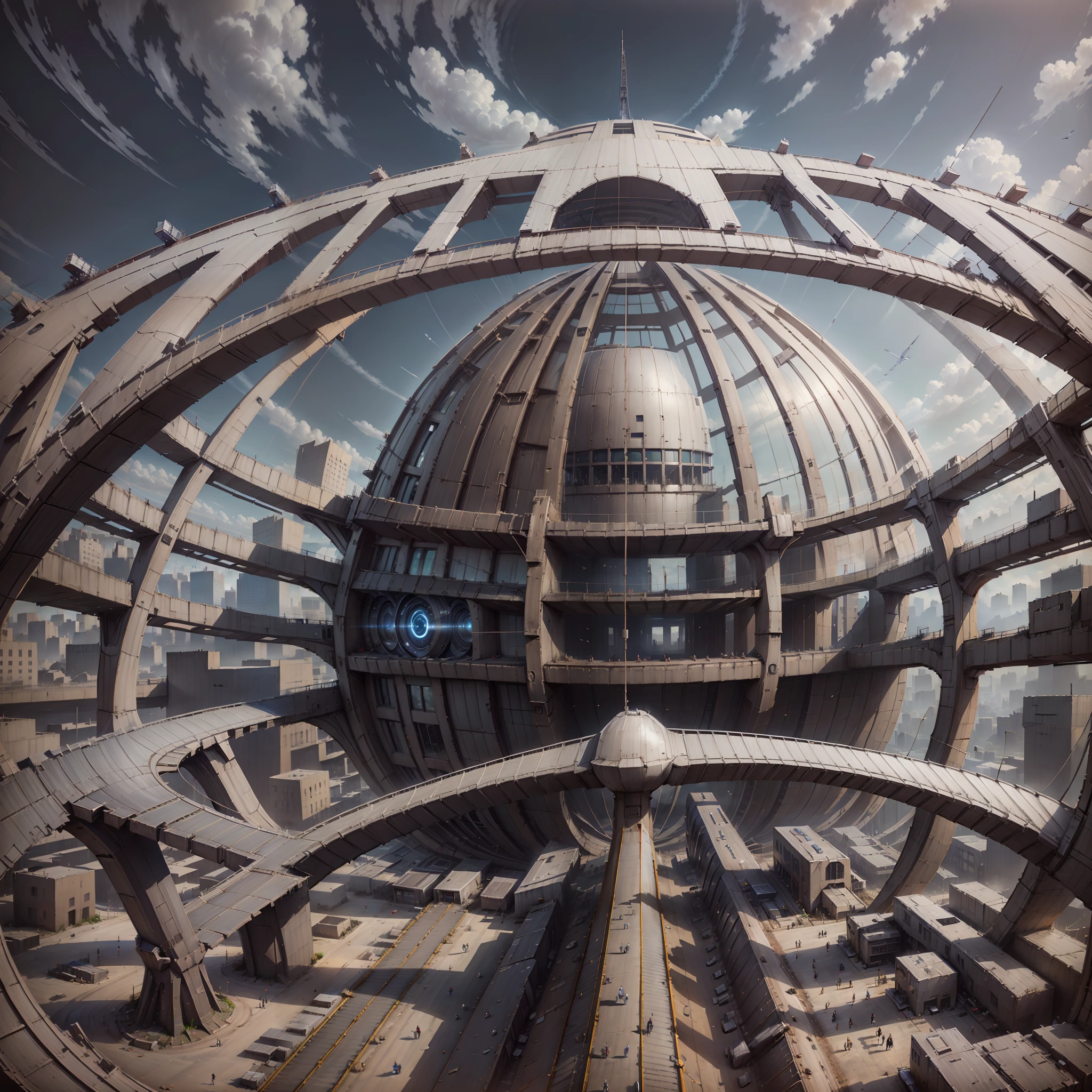 "Technological giant eye, in steel structure, em hiper realismo, visto de cima para baixo, between futuristic buildings, ultra HD."