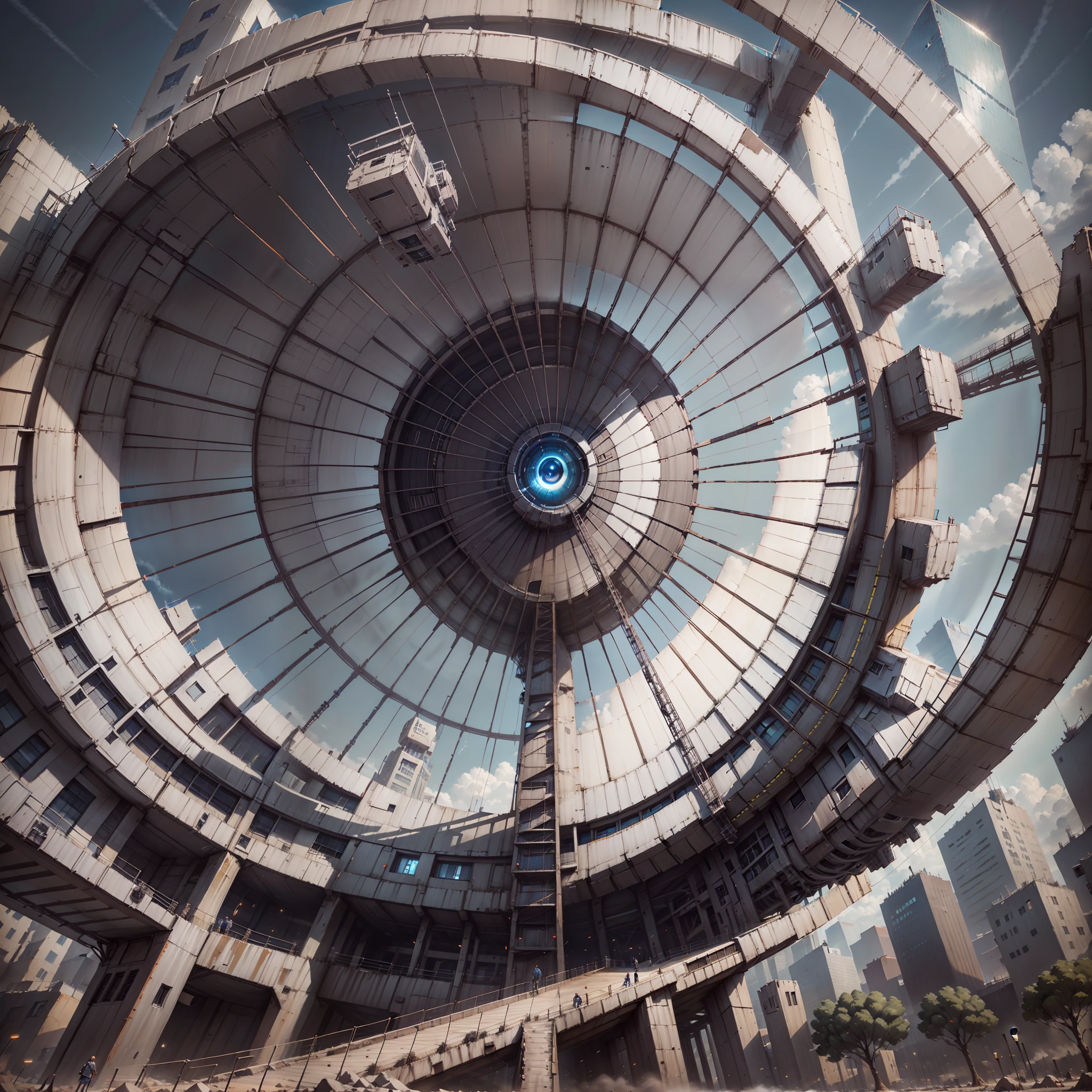 "Technological giant eye, in steel structure, em hiper realismo, visto de cima para baixo, between futuristic buildings, ultra HD."