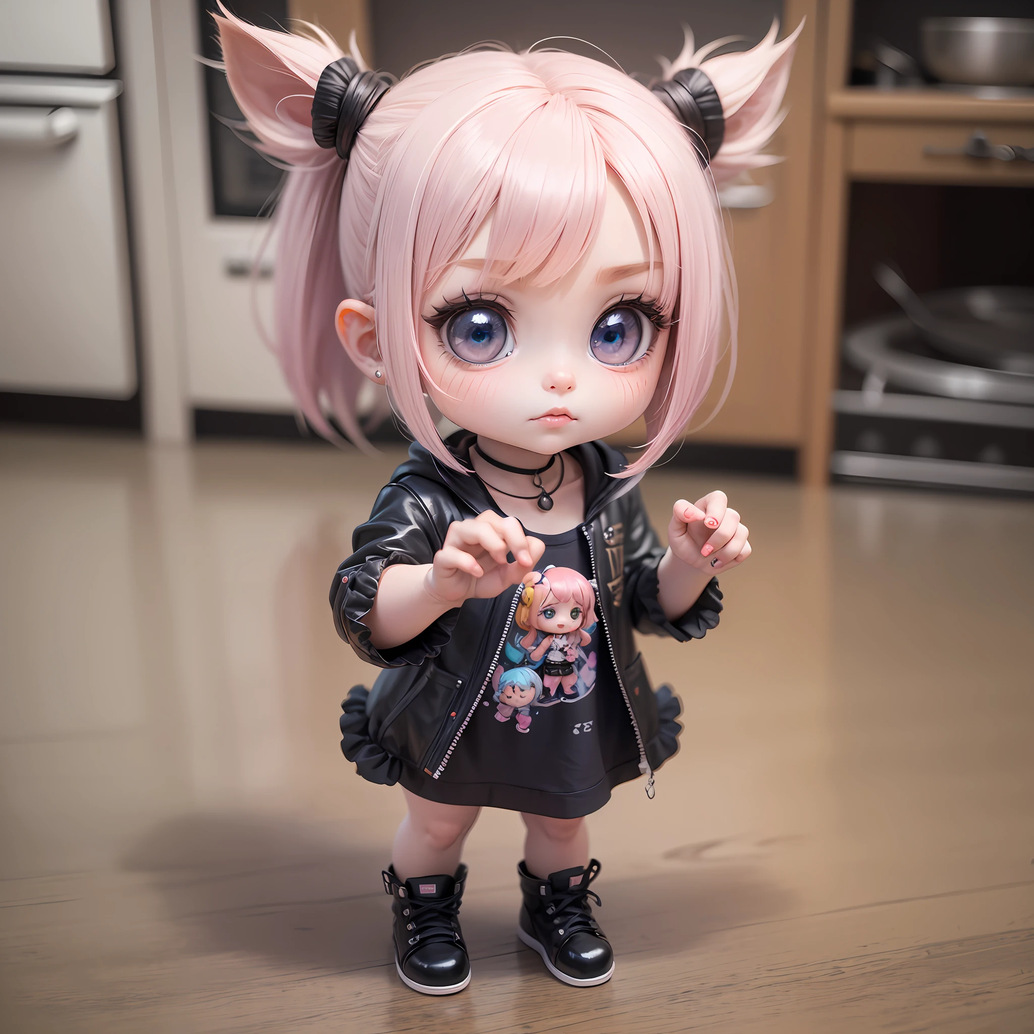 Uma personagem girl, branca olhos castanhos, ((estilo chibi)) 3D HD well detailed kitchen scenery deformed, deformed hand, dedos colados, duplicate heads, arte ruim, qualidade baixa, defective hands, dedos fundidos, fused hands, pernas deformadas --auto --s2
