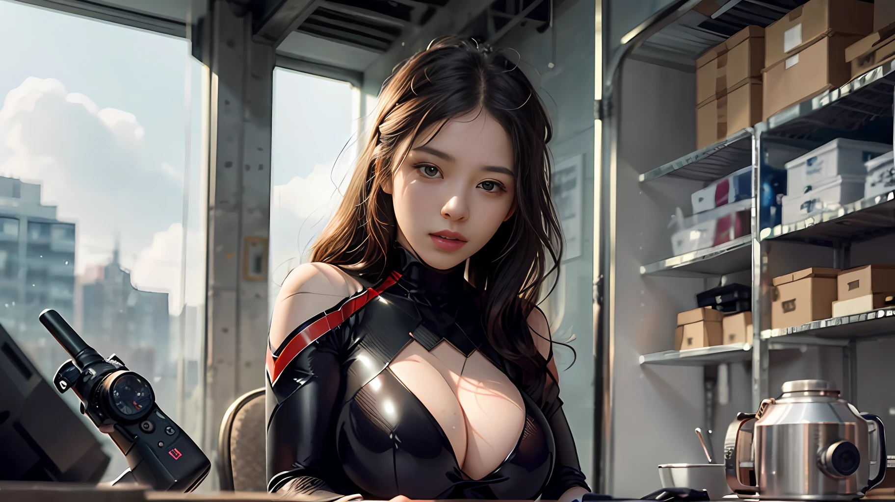 （1girll：1.3）， 独奏， （（（very vey very detailed face））），（（very detailed eyes and faces））），beatiful detailed eyes，Body parts__，offcial art，Unified 8k wallpaper，ultra-detailliert，Beautiful and beautiful，big breasts beautiful，tmasterpiece，best qualtiy，primitive，tmasterpiece，ultra fine photos，best qualtiy，超高分辨率，photorealistic realism，rays of sunshine，full-body portraits，stunningly beautiful，，dynamicposes，delicated face，Vibrant eyes，（From the front side）， she is in a spider-man suit：1.5，cleavage：2，Red and black color scheme，arachne，Very detailed abandoned warehouse background，详细的脸，detailed complex busy background，Untidy，opulent，milkyW，highly detailedskin，Realistic details of skin，Visible pores，Clear focus，volume fog，8K  UHD，digital SLR camera，high qulity，filmgrain，White skin of the，photo-realism，DL，A huge metropolis of the dystopia of the future， look from down，semi transparent