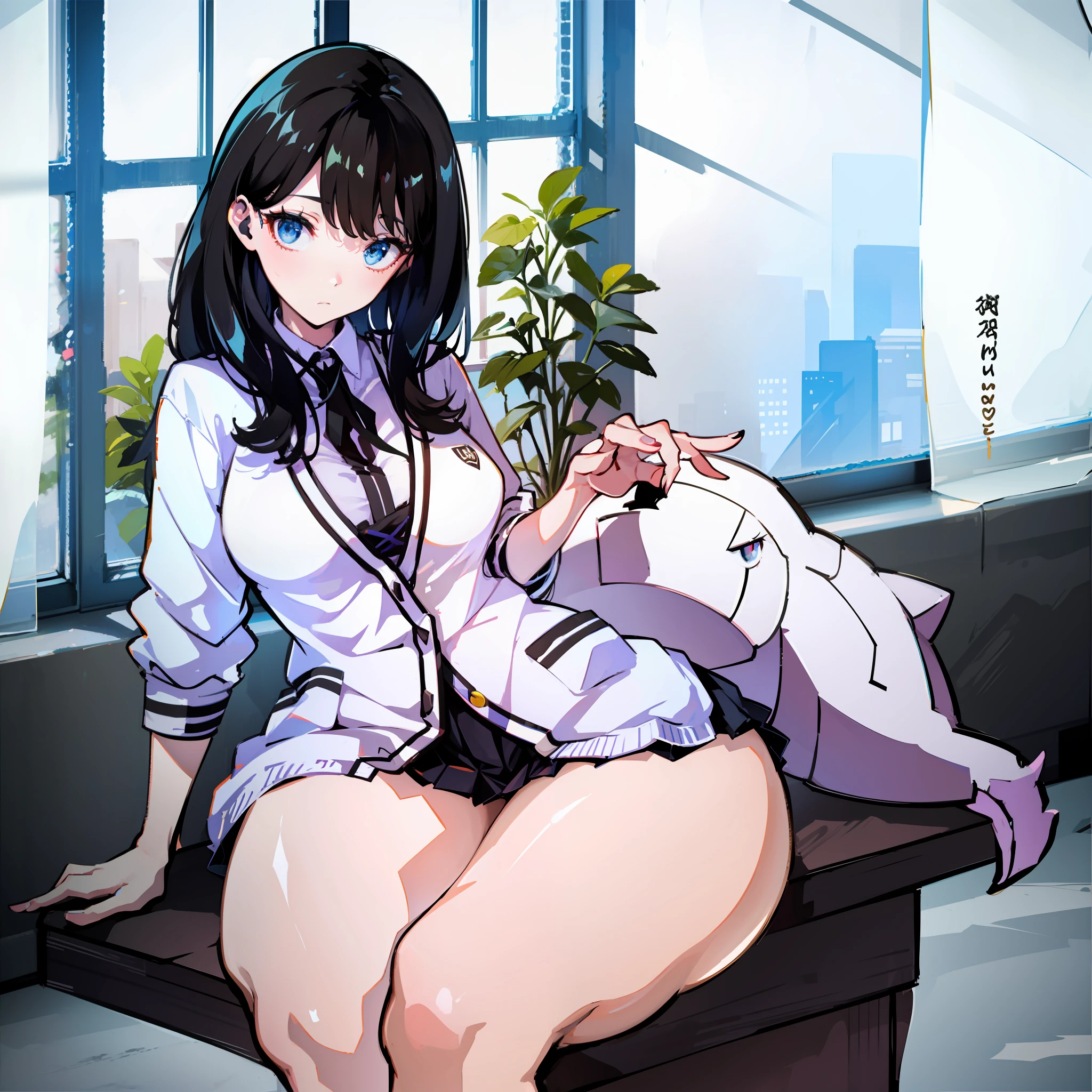 Top image quality、8K、ultra-detailliert、Top image quality、Baoduo Six Flowers、Monster in the left window、Sit inward in a chair、Middle hair、Black hair、Light blue eyes、sixteen years old、1 girl in、scratching the scruff of the neck、a cold expression、Beautiful fece 、full bodyesbian、very thick thighs、Lustrous skin、Lustrous hair、large full breasts、line of sight diagonally up、校服、short black skirt、White sweater