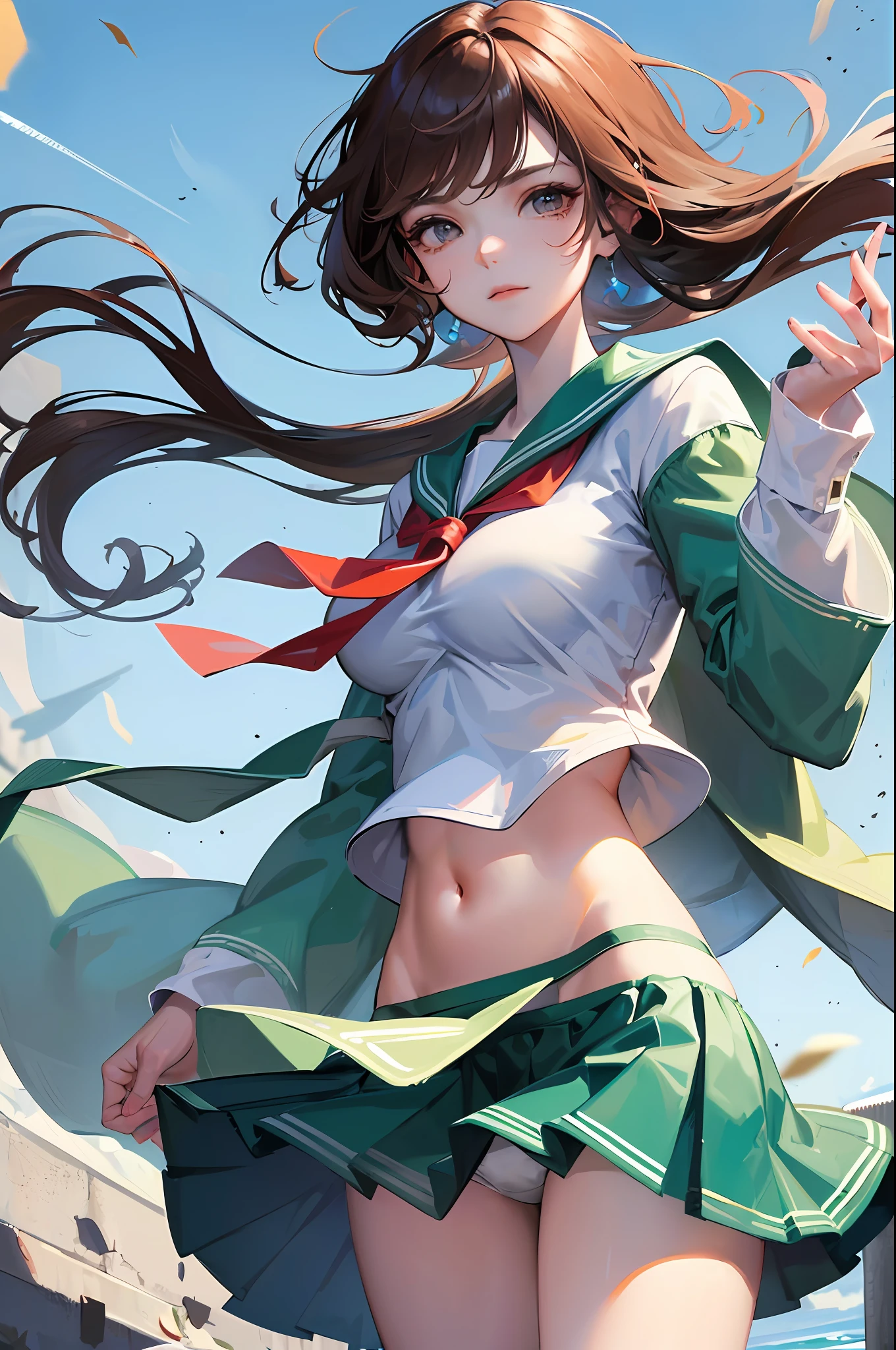 ((masterpiece)), (top-quality), (detaileds), (1 rapariga), (Panchira:1.2), is standing, Green Sailor Suit,, (a closed mouth:1.2), irate,Big breasts、Show underwear、Disgusting face、The wind twists the skirt and reveals underwear、