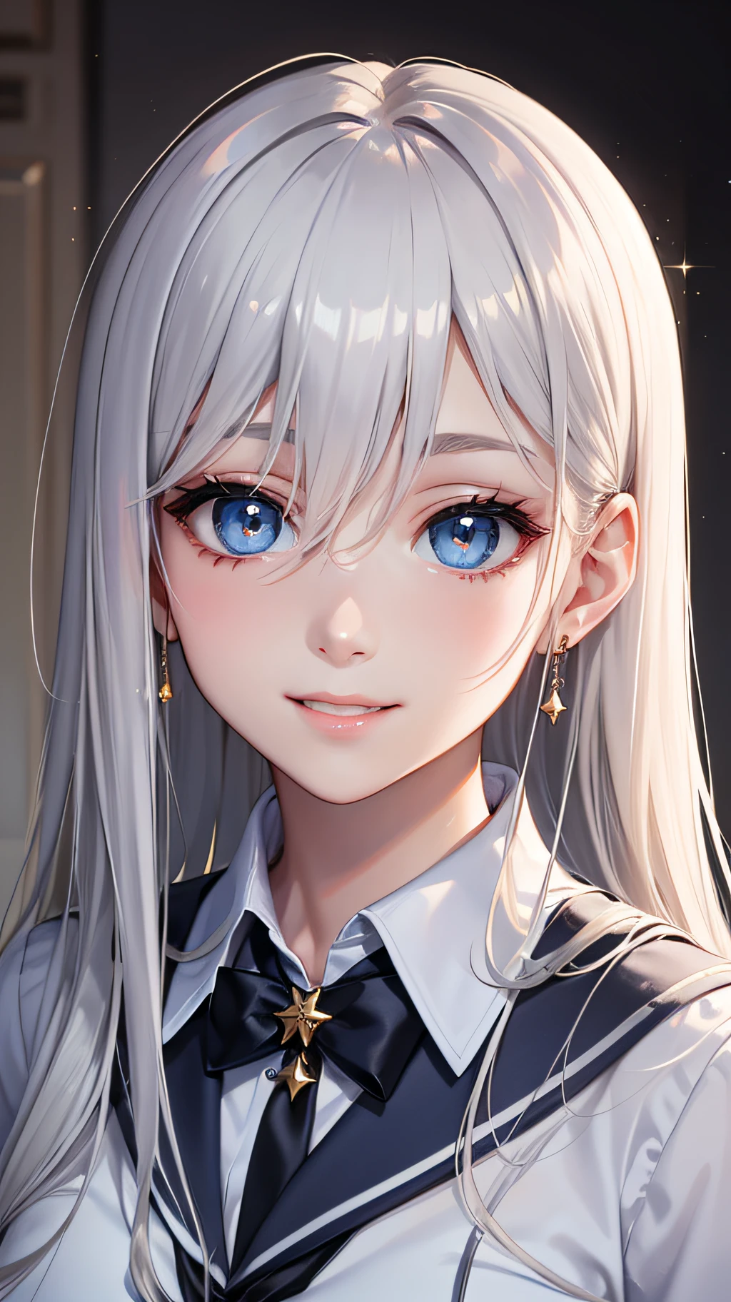 bust shot, sailor suit, school uniform, perfect beautiful prague beautiful girl, smile, shiny shiny white glossy skin with sparkle firmness, bangs between eyes, very long and straight beautiful platinum blonde, super long straight hair, eyeliner, sexy and beautiful , clear beautiful light blue big eyes, beautiful and bright girl