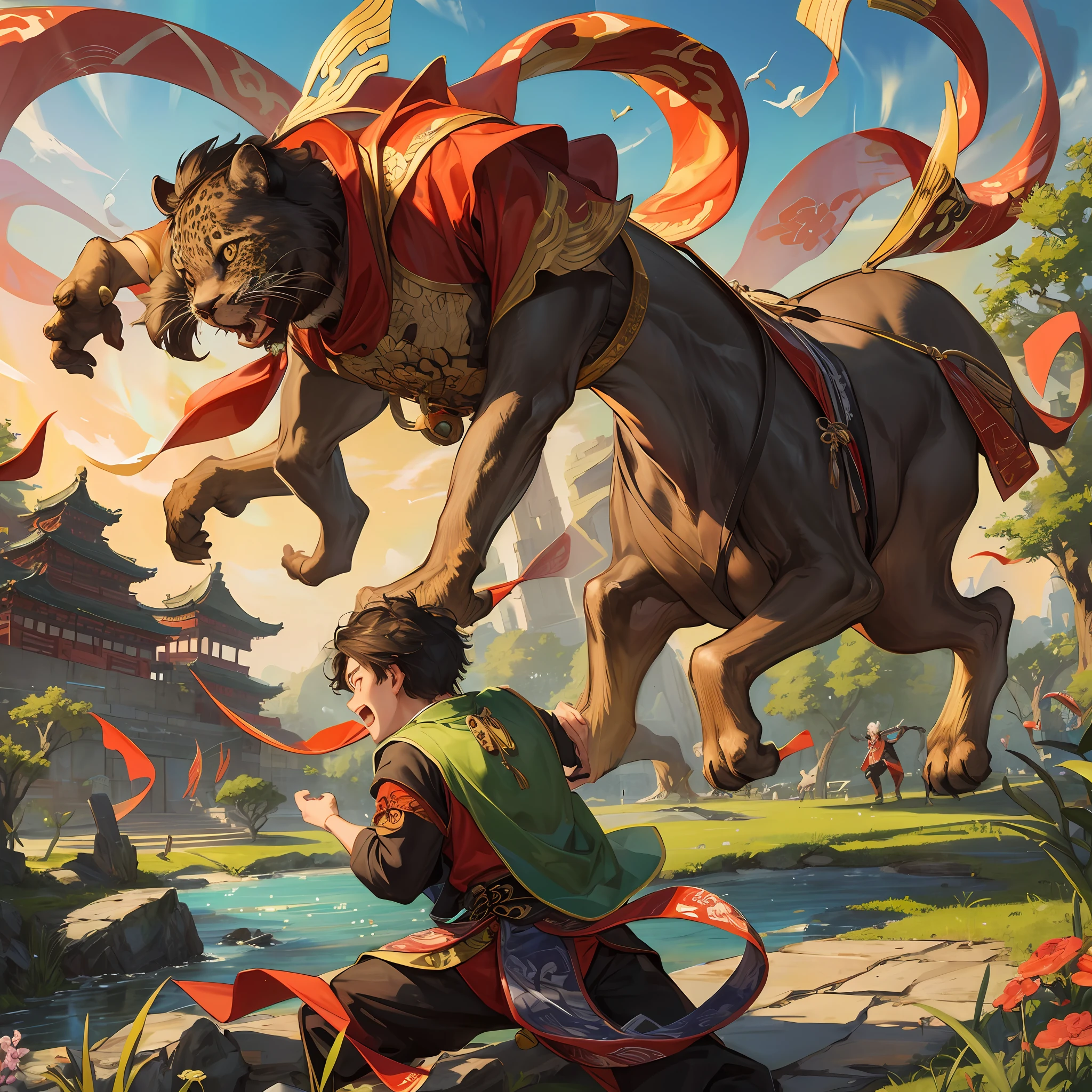 Masterpiece, Best quality, Little boy fights with leopard , Chinese style, Ancient China,