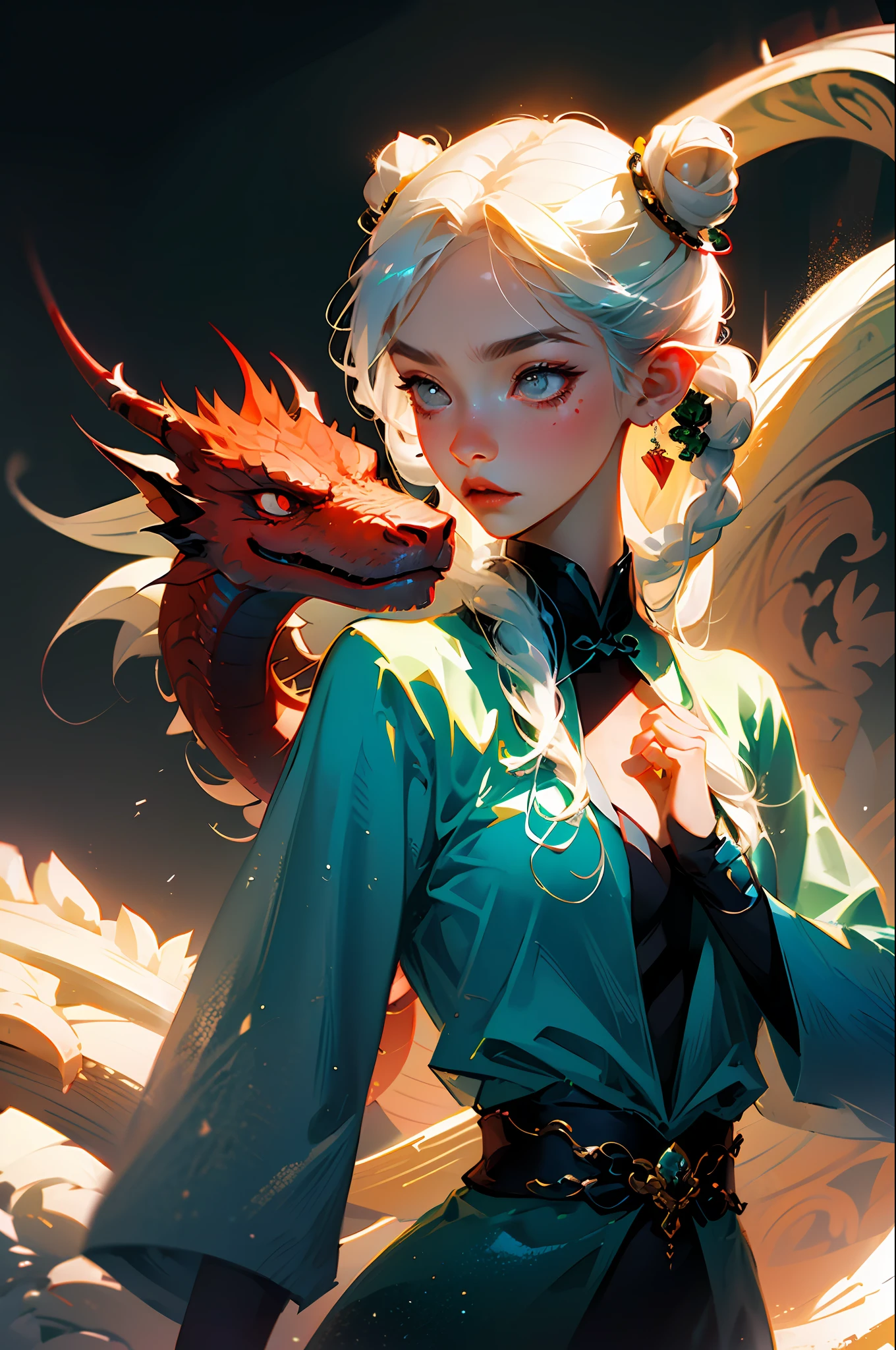 masterpiece, best quality,Chinese fairy, 1girl\(\) and iris red dragon, Chinese dragon pan glaring at girl, bun, dark gray background, --auto