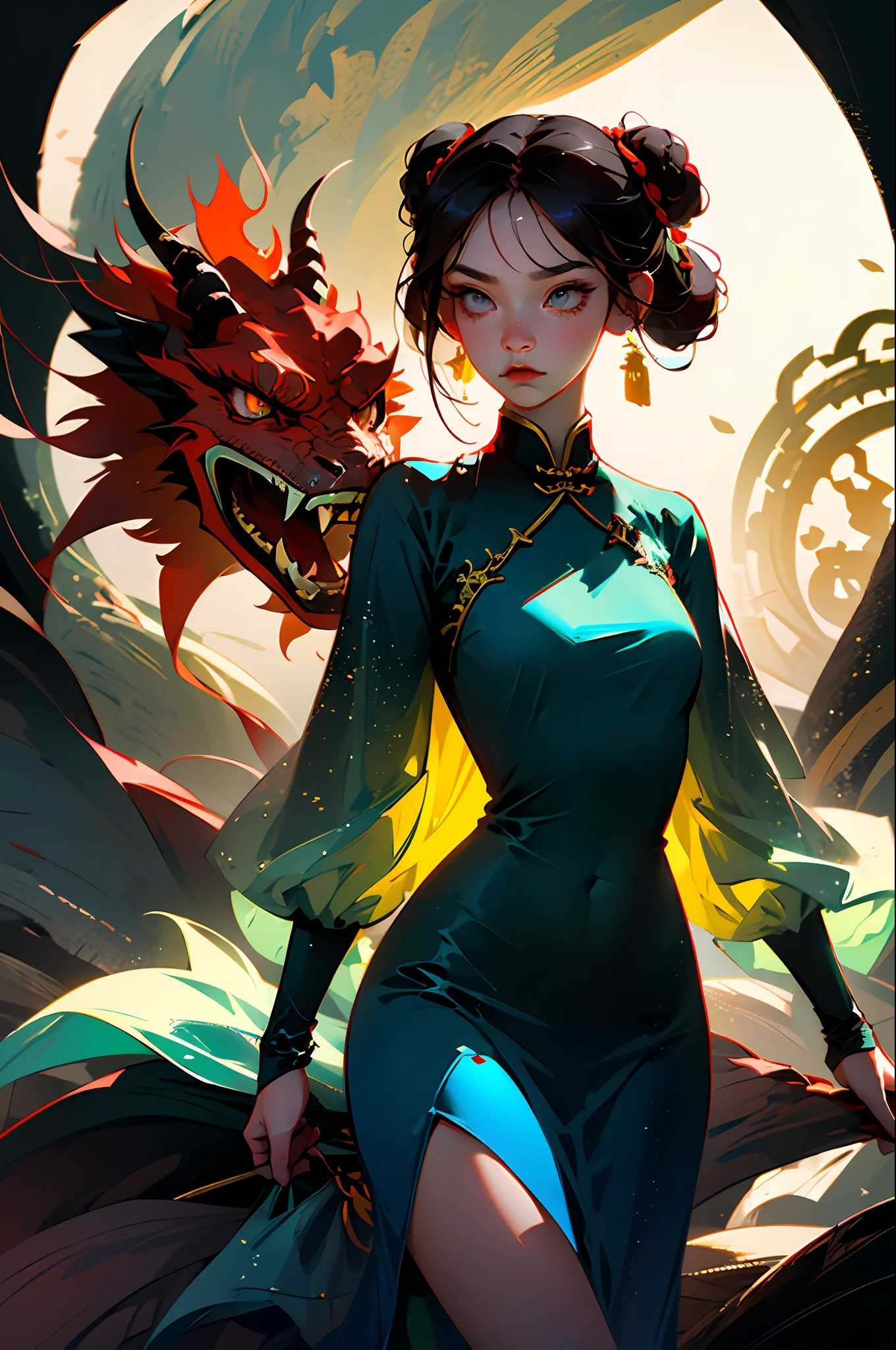 masterpiece, best quality,Chinese fairy, 1girl\(\) and iris red dragon, Chinese dragon pan glaring at girl, bun, dark gray background, --auto