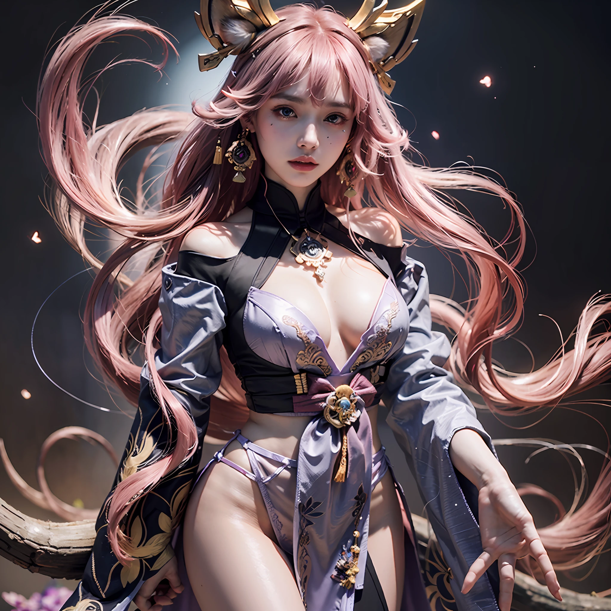 yae_miko, 1girl, pink hair, long hair, hair ornament, purple eyes, fox ears, earrings, jewelry on the chest, bare shoulders, detached sleeves, yae miko's clothes, bare legs, high heels, medium breast, (realistic:1.2), (realism:1.2), (masterpiece:1.2), (best quality), (ultra detailed), (intricate), (85mm), light particles, lighting, (highly detailed:1.2), (gradients), sfw, colorful, (detailed background), (rule of third_composition:1.3), (Line of action:1.2), wide shot, daylight, solo.